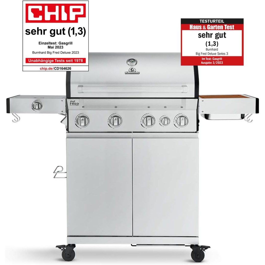 BURNHARD Big Fred Deluxe 4-Burner Gas Barbecue with Backburner, 900 °C Infrared Ceramic Burner, Side Hob, Cast Iron Cooking Grate, Grill Cover, Stainless Steel Grill Trolley + Folding Side Tables