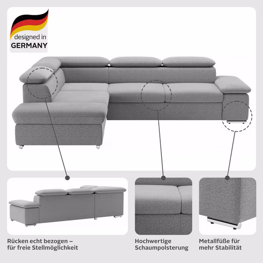 Valantine L-shaped corner sofa   (Luxury microfiber ALTARA NUBUCK® with bed function)