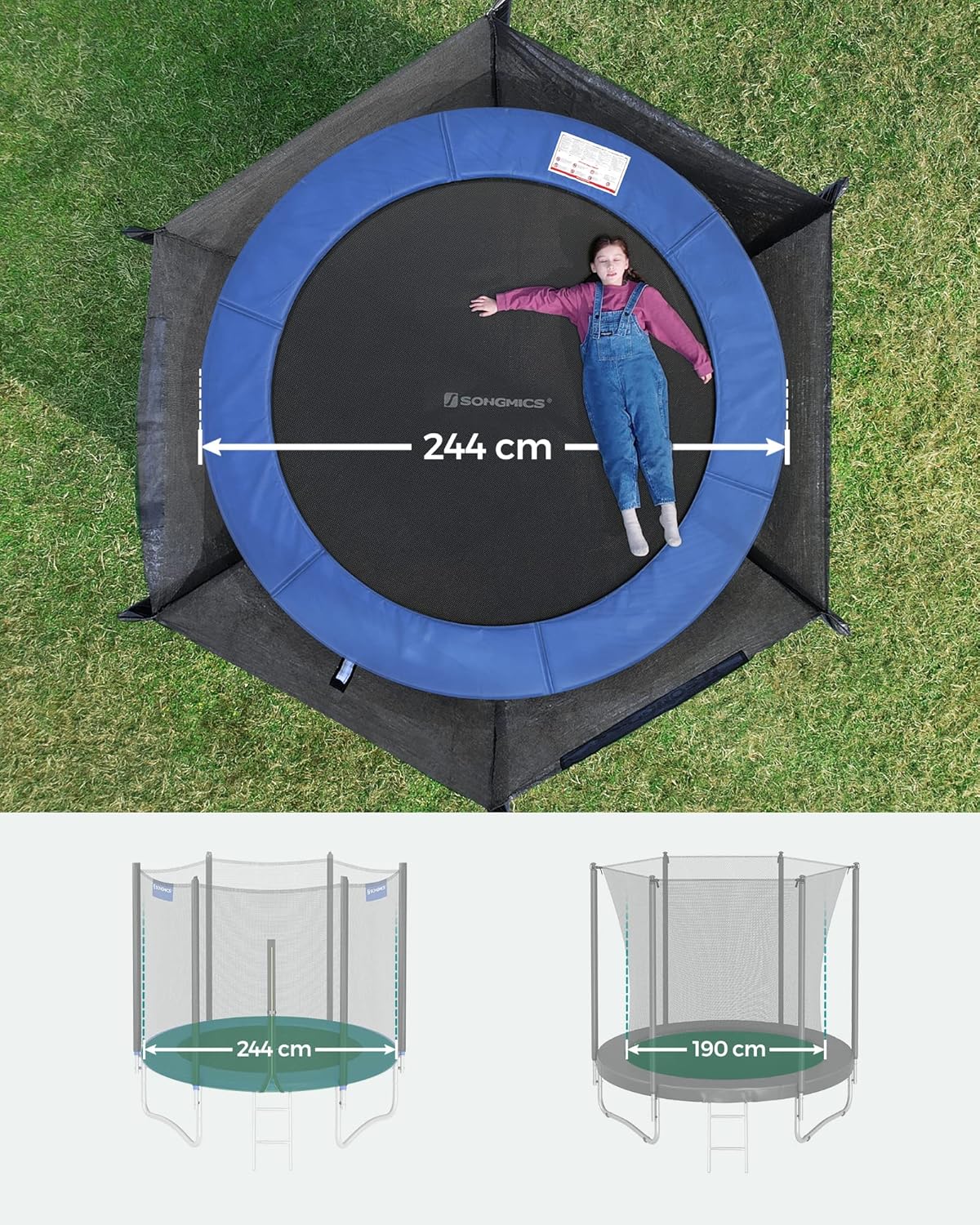 SONGMICS Trampolin Outdoor Ø 244cm, rundes Gartentrampolin mit Randabdeckung, mit Sicherheitsnetz, mit Leiter und gepolsterten Stangen
