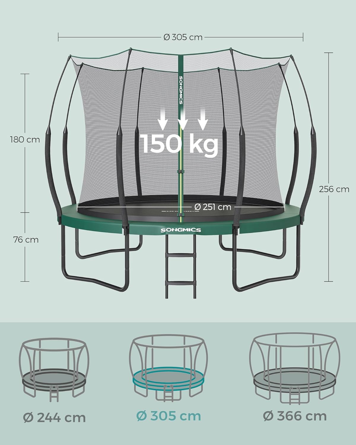 SONGMICS Federloses Trampolin Ø 305 cm, Trampolin Outdoor für Kinder, elastische Seile, Sicherheitsnetz mit Reißverschluss, Glasfaserstangen, sicher, geräuscharm