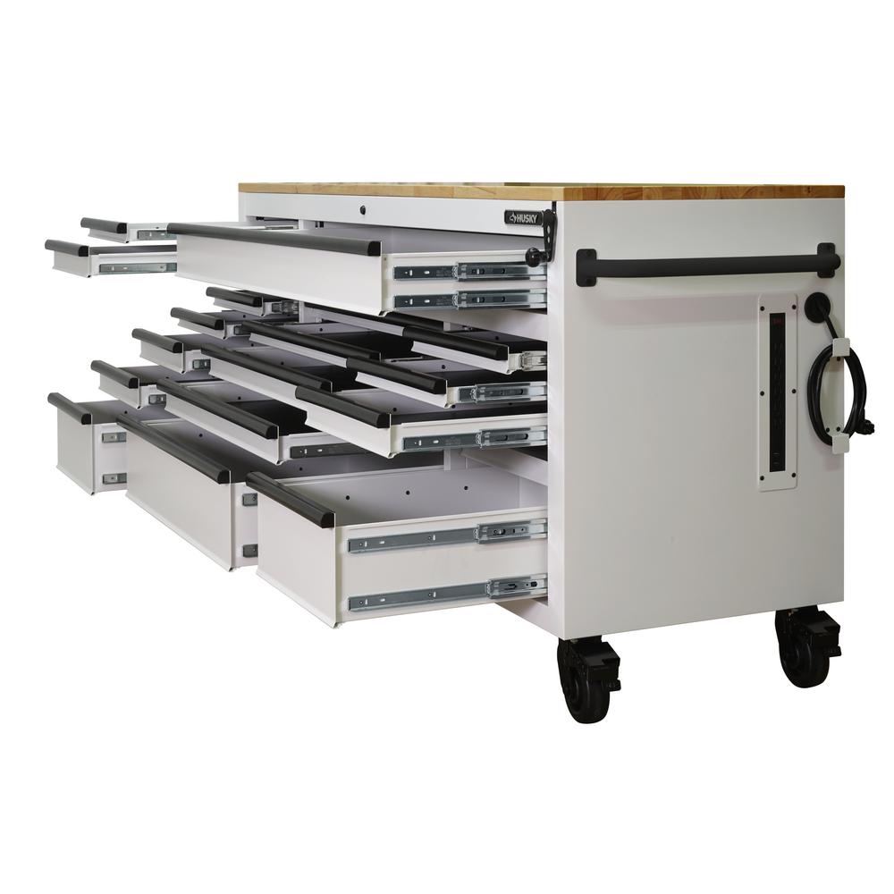 72 In. 18-Drawer Mobile Workbench With Adjustable-Height Solid Wood Top In Matte White