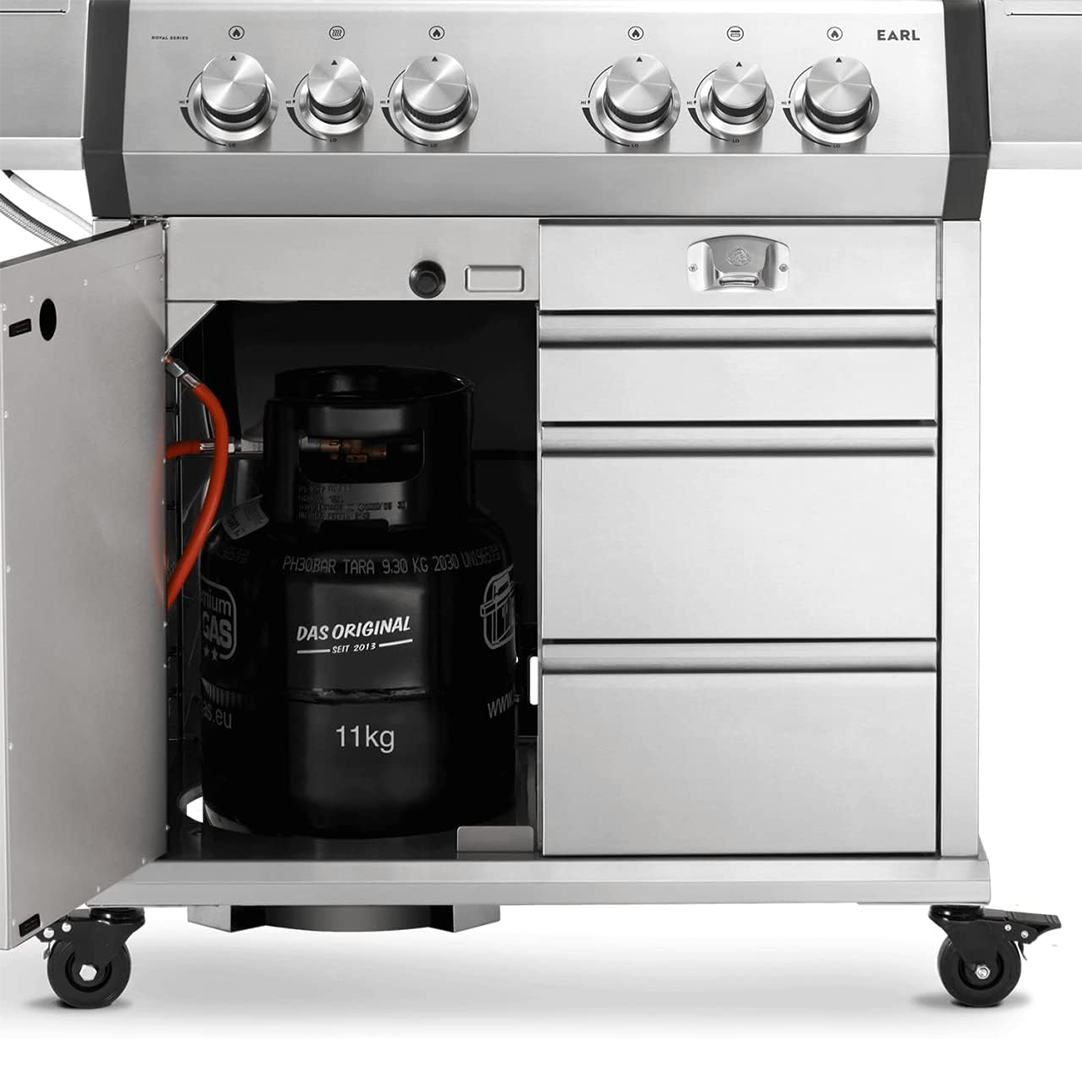 BURNHARD 4-Burner Gas Grill Earl, 23 kW Stainless Steel Grill Cart with Rear Burner, 900°C Ceramic Burner, Cast Iron Grill Grate, Drawers Includes Cover