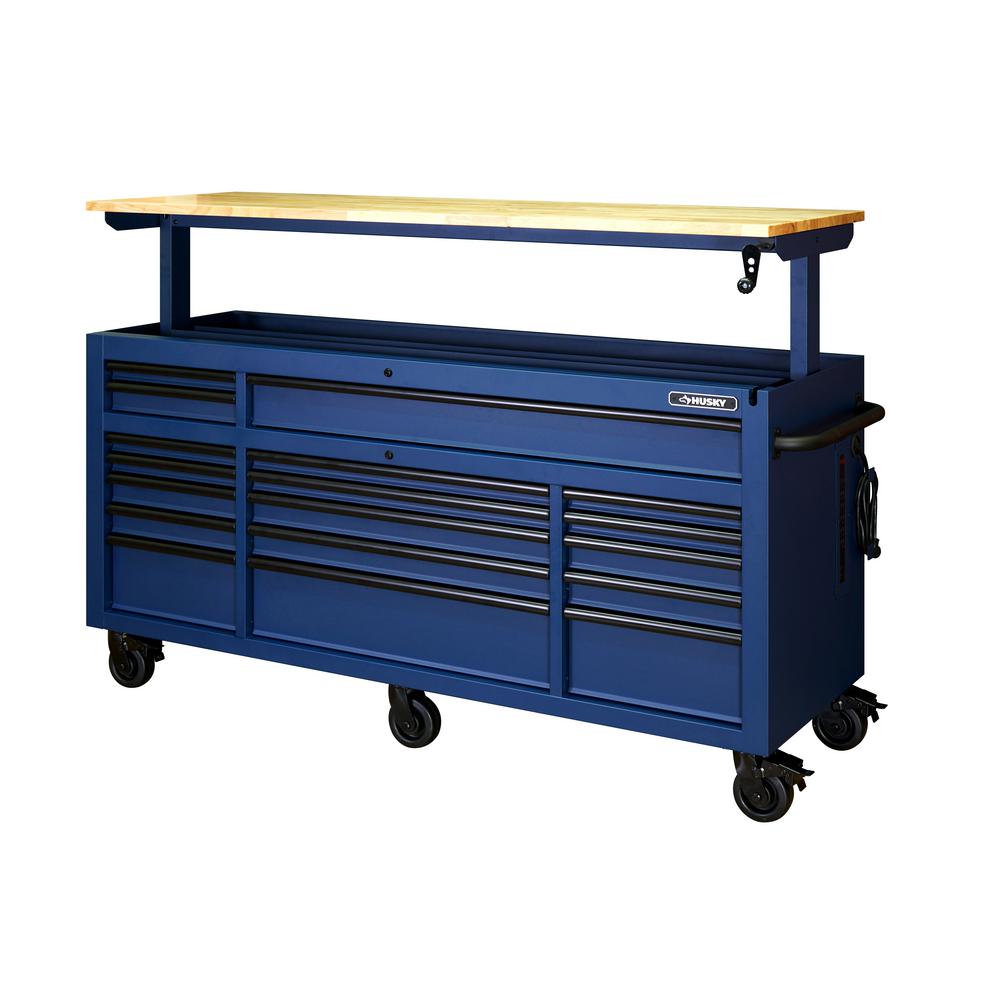72 In. 18-Drawer Mobile Workbench With Adjustable-Height Solid Wood Top In Matte Blue