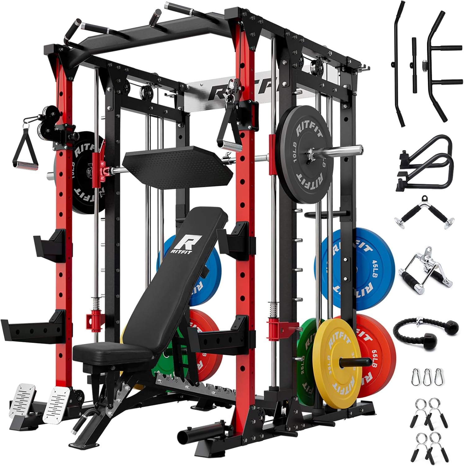 RitFit Buffalo Smith Machine, Power cage with LAT-Pull Down System & Cable Crossover System, All-in-One Squat Rack for Home Gym, Power Rack