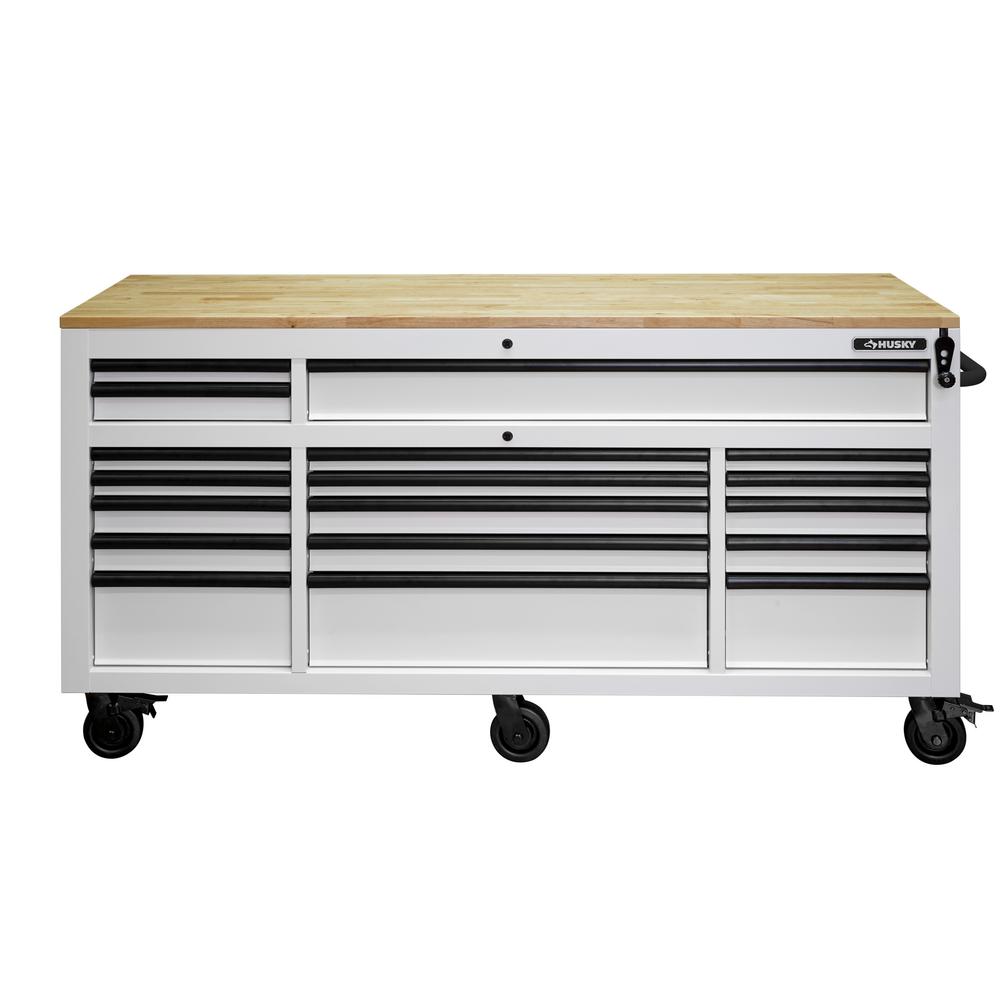 72 In. 18-Drawer Mobile Workbench With Adjustable-Height Solid Wood Top In Matte White