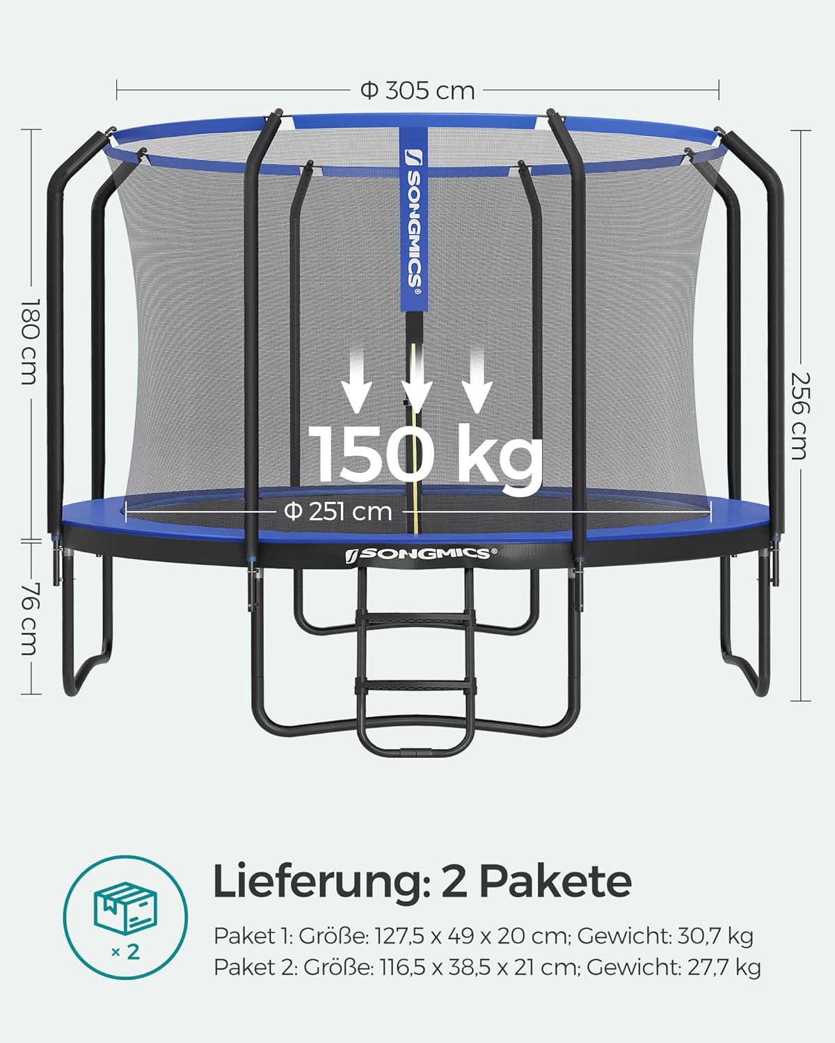 SONGMICS Trampolin Outdoor Ø 244 cm, rundes Gartentrampolin mit Sicherheitsnetz und Leiter, Randabdeckung, gepolstertes Gestell, für Kinder