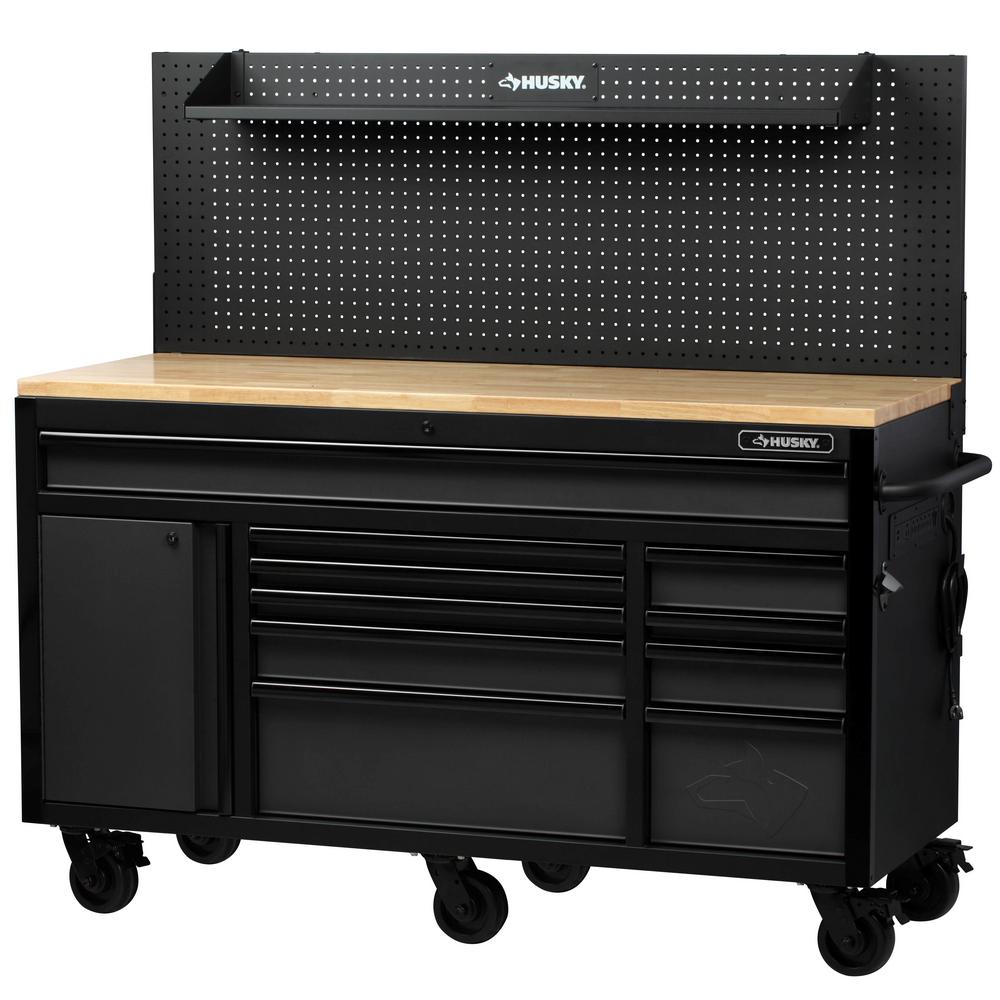 Heavy-Duty 61 In. W 10-Drawer, Deep 1-Door Tool Chest Mobile Workbench In Gloss Red With Flip-Up Pegboard