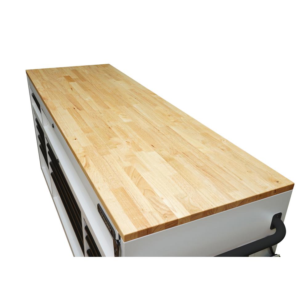 72 In. 18-Drawer Mobile Workbench With Adjustable-Height Solid Wood Top In Matte White