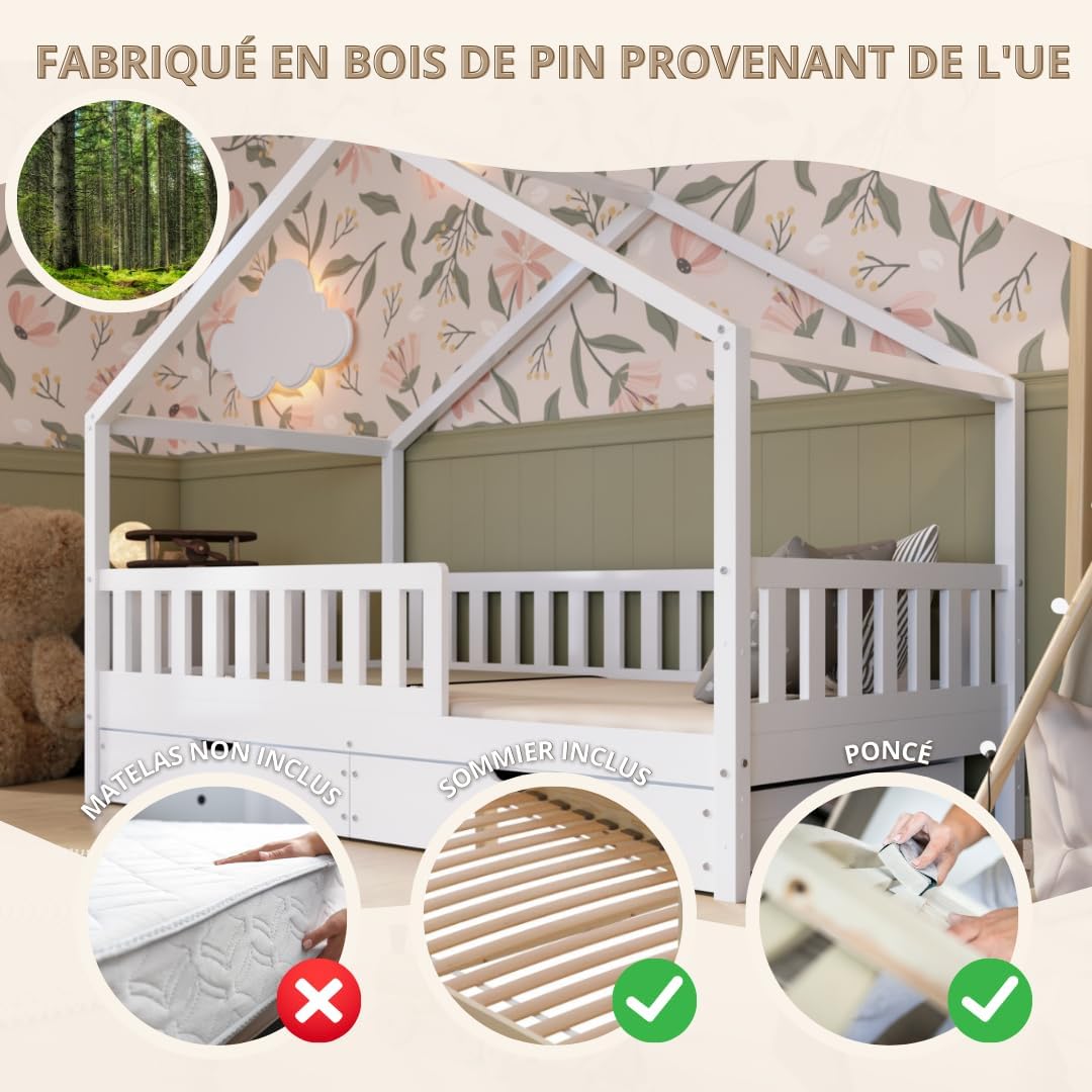 Crazy Pine Cabin Bed 160x80 cm – Natural Wood Children's Bed with Barrier – Montessori Floor Bed with Height-Adjustable Legs and Removable Barrier - Crazy House