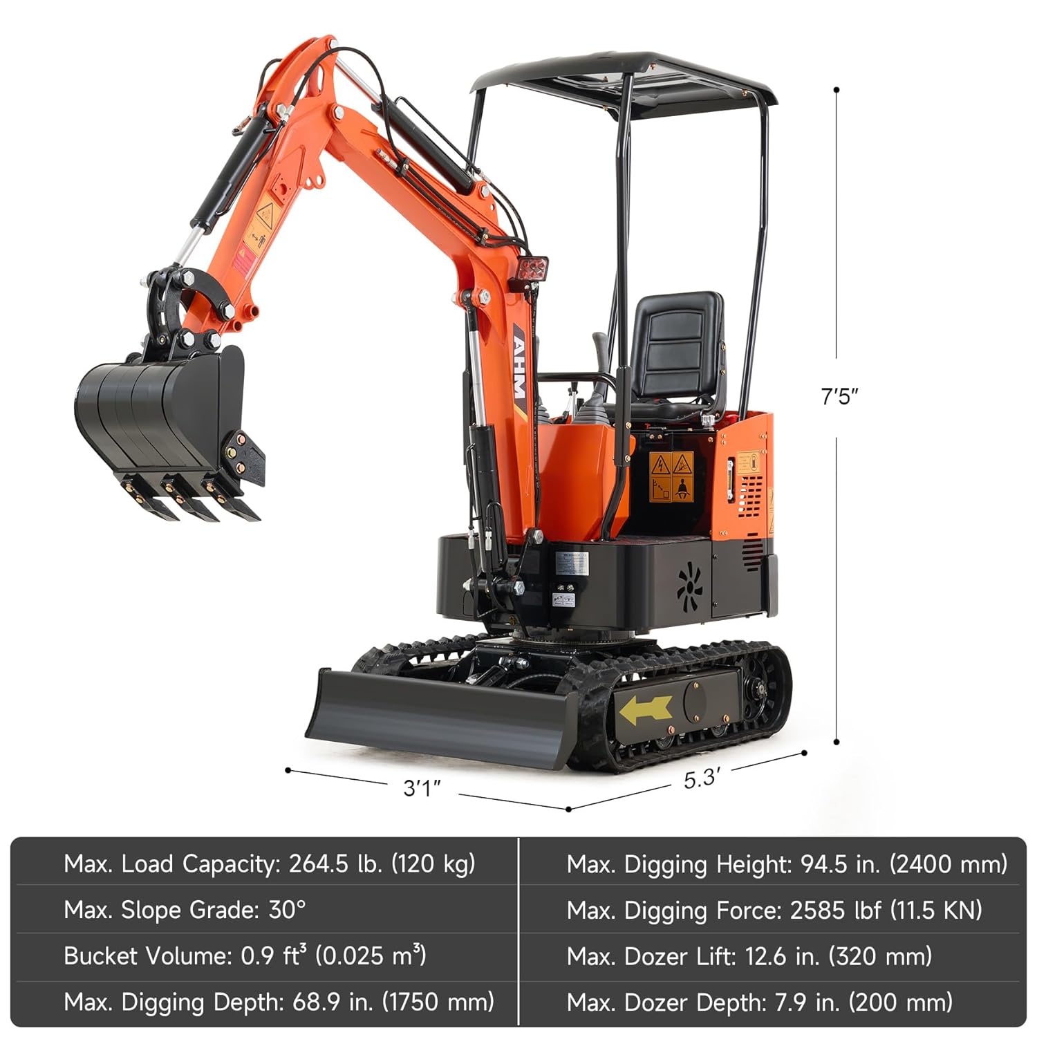 AHM Mini Excavator, 1 Ton Mini Digger with Hammer Auger Log Grapple Quick Hitch Grading Bucket & Rake Included, 13.5 hp Small Crawler Machine with Rain Canopy for Home Garden Farm Park Roadway Digging
