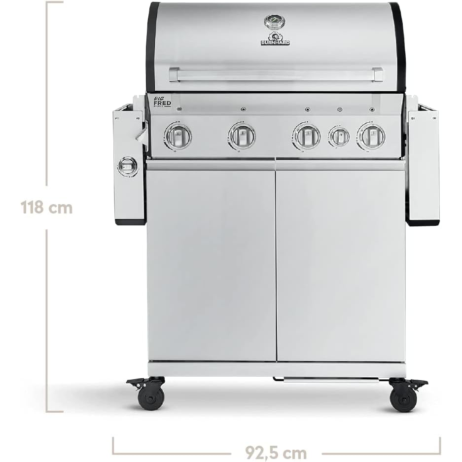 BURNHARD Big Fred Deluxe 4-Burner Gas Barbecue with Backburner, 900 °C Infrared Ceramic Burner, Side Hob, Cast Iron Cooking Grate, Grill Cover, Stainless Steel Grill Trolley + Folding Side Tables