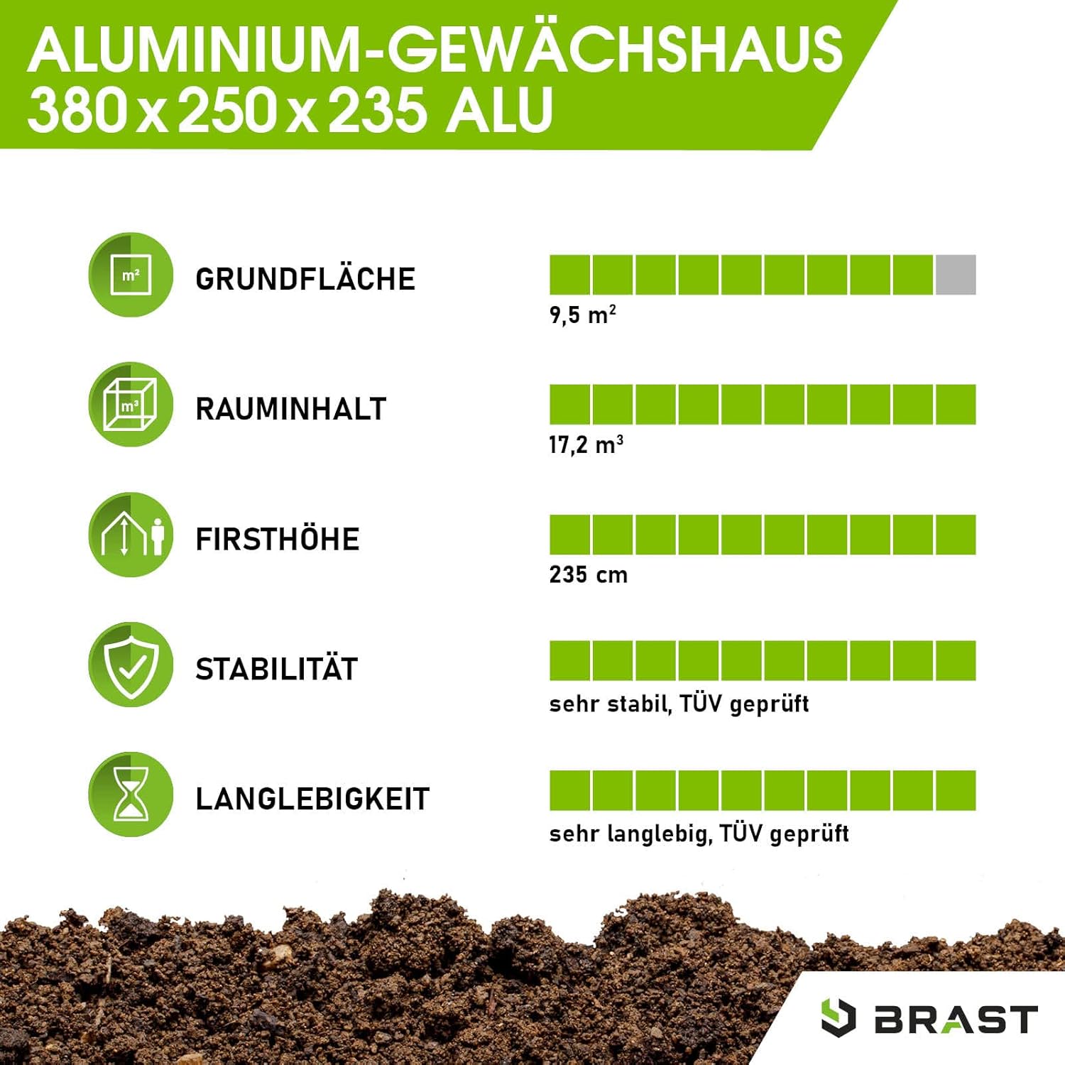BRAST Aluminium Greenhouse with Base,380 x 250 x 235 cm, TÜV Tested, 6 mm Hollow Chamber Panels, Rustproof/Weatherproof/Temperature-Resistant