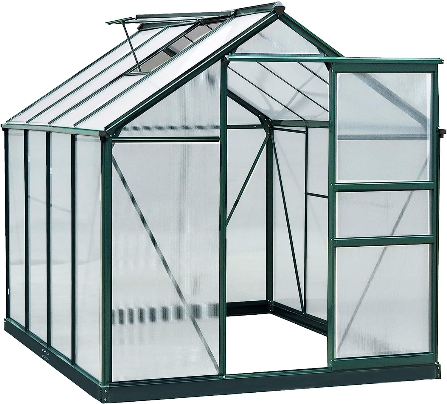 Outsunny 6 x 8ft Polycarbonate Greenhouse, Large Walk-In Green House with Slide Door and Window, Garden Plants Grow House with Aluminium Frame and Foundation, Dark Green