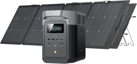 EF ECOFLOW DELTA 2 Solar Generator with 2x220W Portable Solar Panels. 1024Wh LFP Battery. Fast Charging. is a home backup power station. a portable power station for camping and RVs