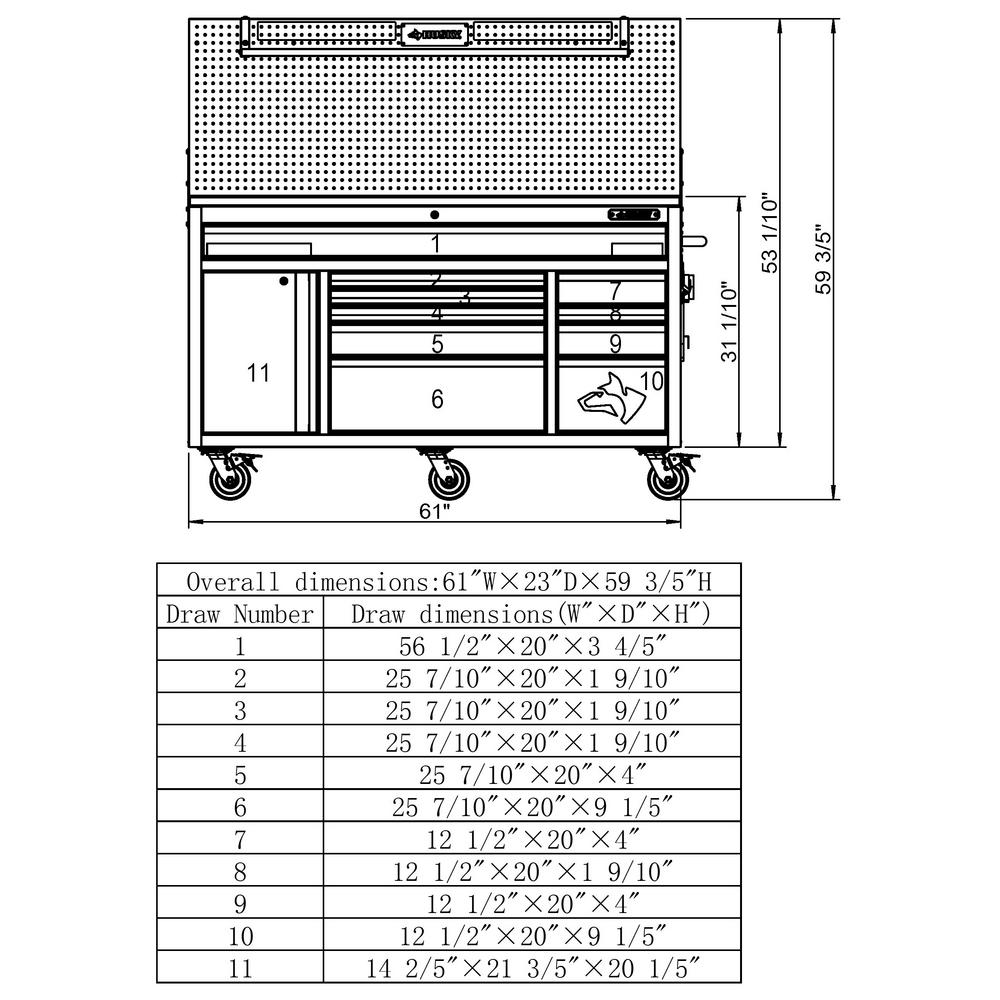 Heavy-Duty 61 In. W 10-Drawer, Deep 1-Door Tool Chest Mobile Workbench In Gloss Red With Flip-Up Pegboard