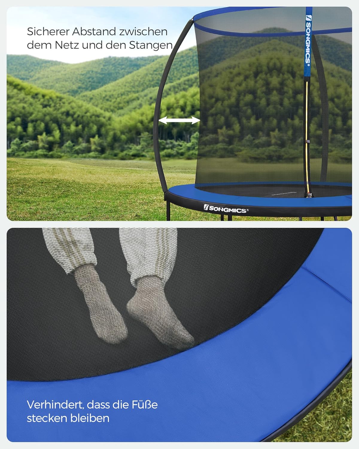 SONGMICS Trampolin Outdoor Ø 244 cm, rundes Gartentrampolin für Kinder mit Sicherheitsnetz, Randabdeckung, Leiter und gepolsterten Stangen