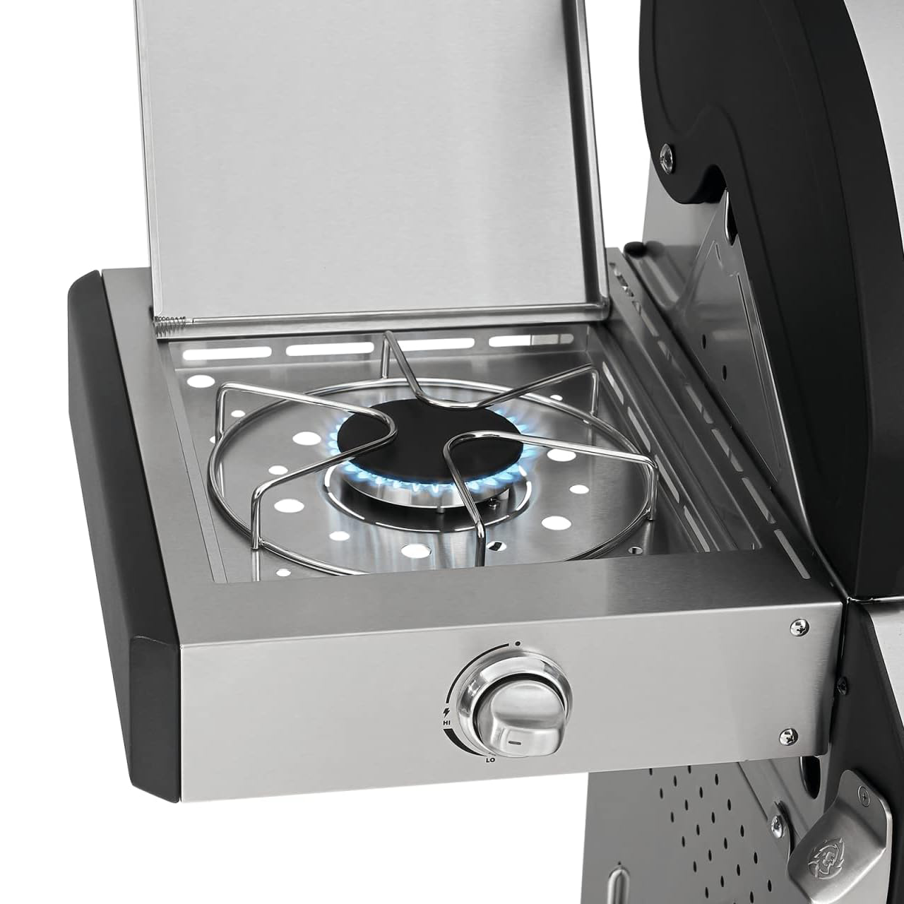 BURNHARD Big Fred Deluxe 4-Burner Gas Barbecue with Backburner, 900 °C Infrared Ceramic Burner, Side Hob, Cast Iron Cooking Grate, Grill Cover, Stainless Steel Grill Trolley + Folding Side Tables
