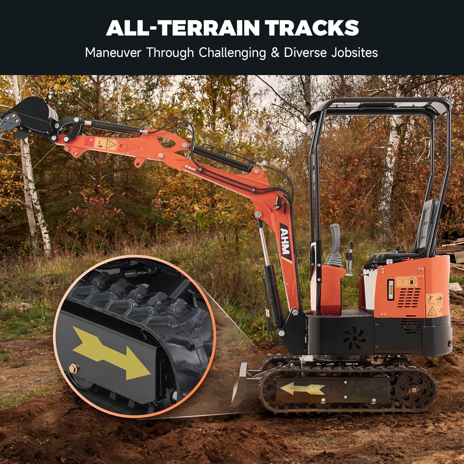AHM Mini Excavator, 1 Ton Mini Digger with Hammer Auger Log Grapple Quick Hitch Grading Bucket & Rake Included, 13.5 hp Small Crawler Machine with Rain Canopy for Home Garden Farm Park Roadway Digging