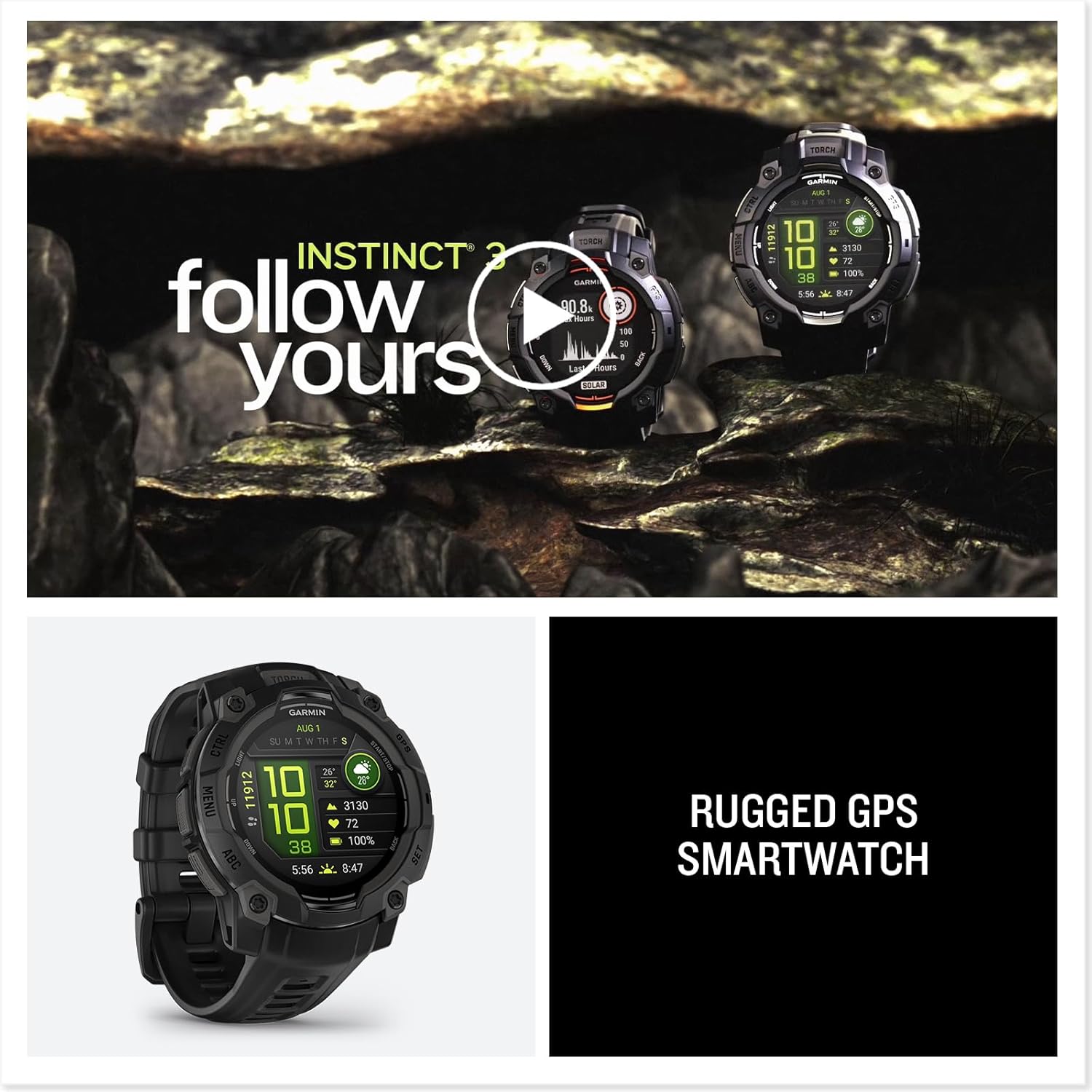 Garmin Instinct® 3 Tactical Edition, 50mm, Solar Charged Display, Rugged Outdoor GPS Smartwatch