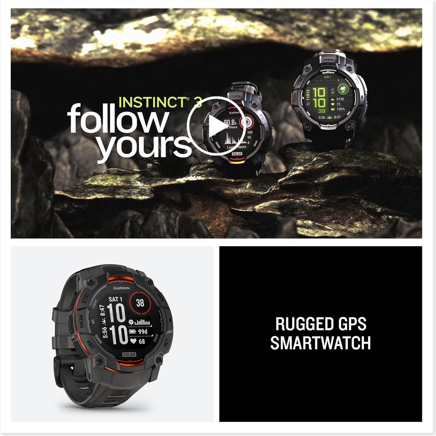 Garmin Instinct® 3 Tactical Edition, 50mm, Solar Charged Display, Rugged Outdoor GPS Smartwatch