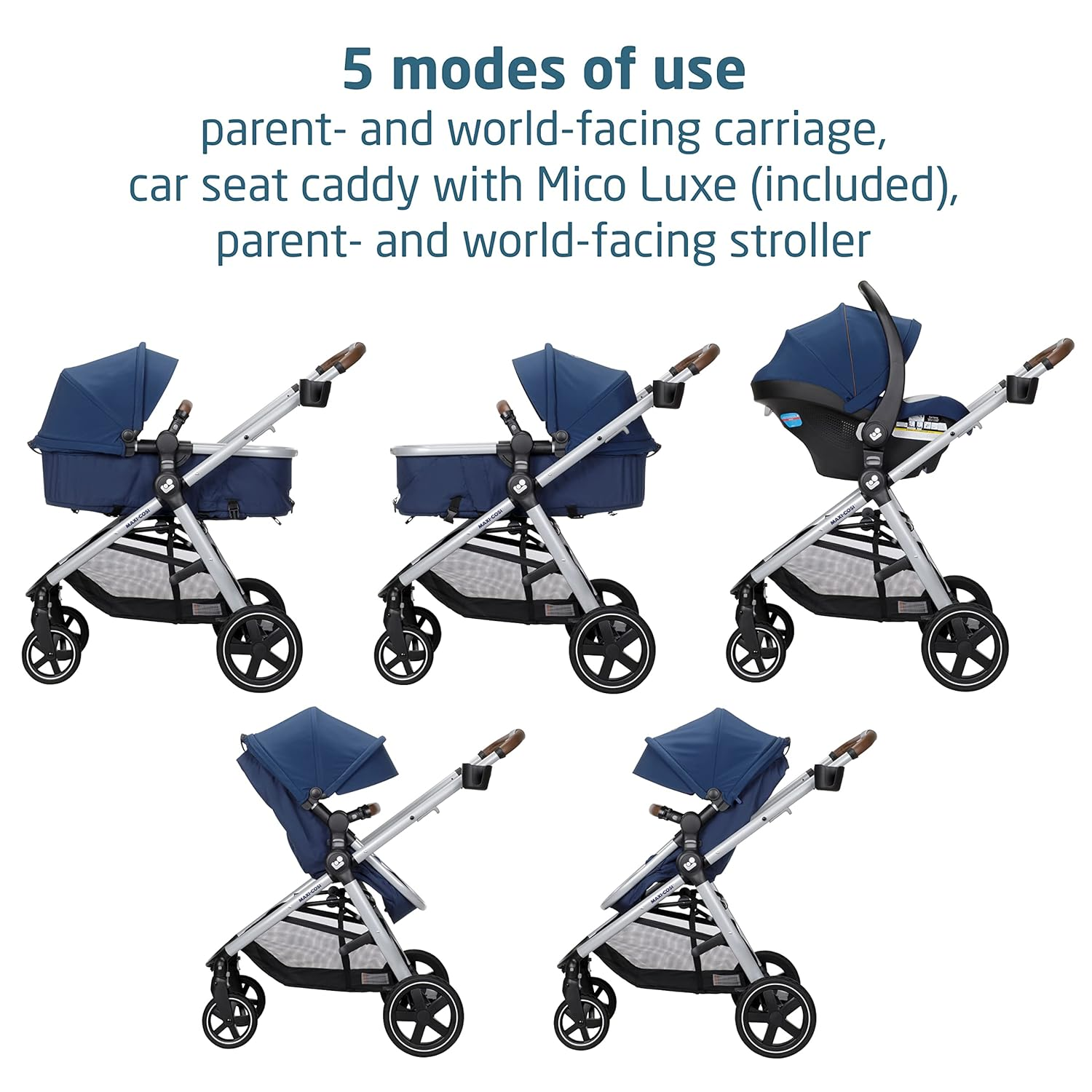 Maxi-Cosi Zelia Luxe 5-in-1 Modular Travel System, Choose Between 5 Modes of use: Parent-Facing car seat Caddy, Reversible Carriage, and Reversible Stroller