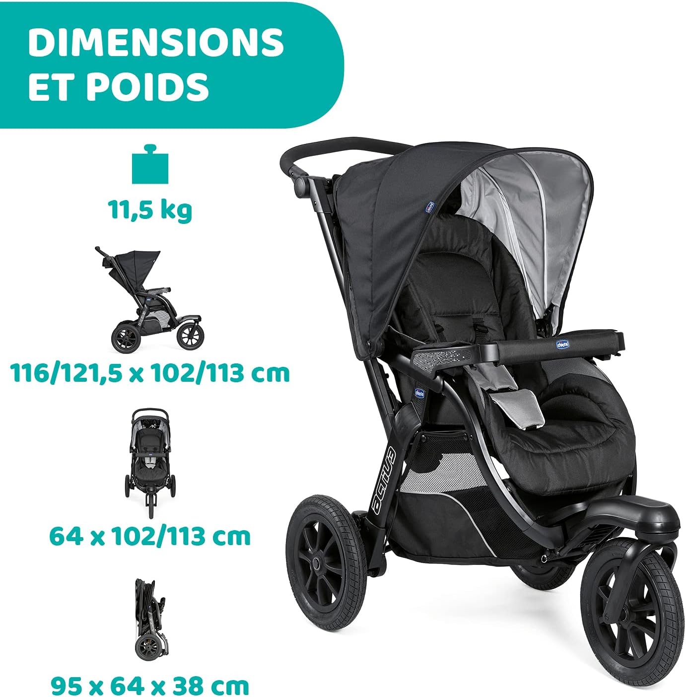 Chicco Trio Activ3 3 in 1 Stroller with Car Travel Set, 3-Wheel Reclining Cane, Pram/Carrycot and Baby Car Seat Group 0+, with Folding and Compact Closure - Black