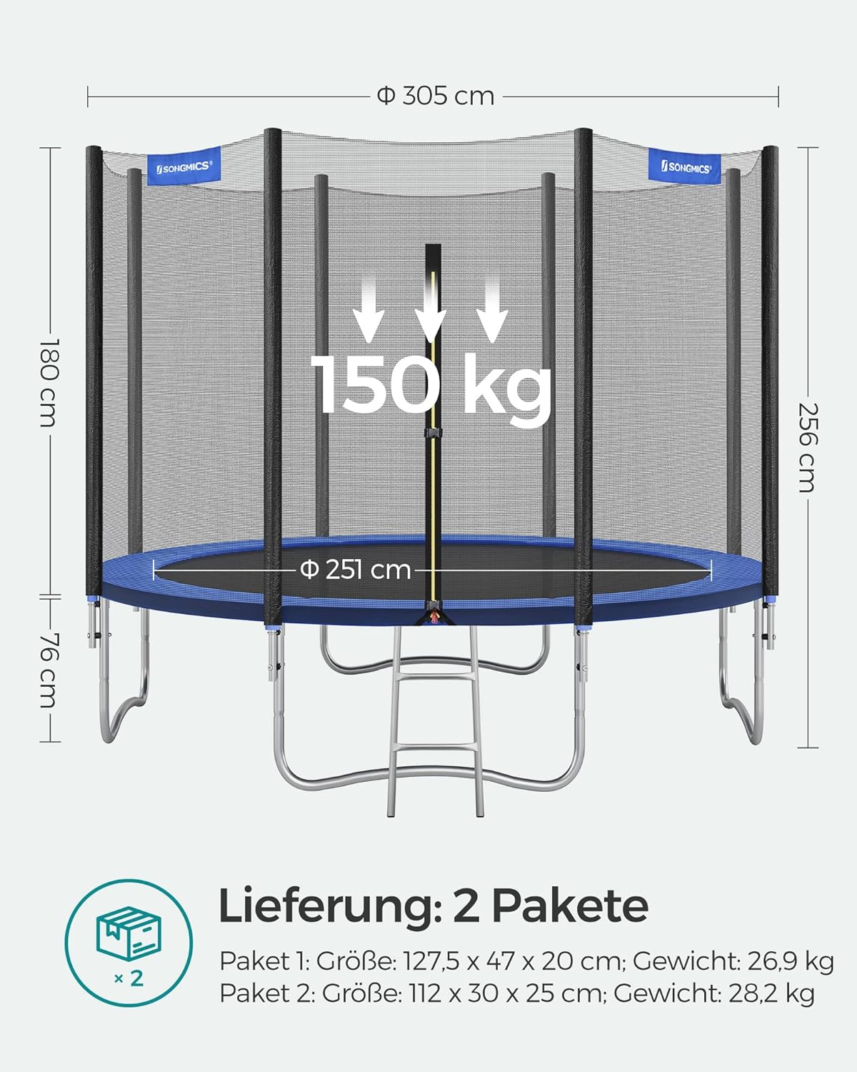 SONGMICS Trampolin Outdoor Ø 305 cm, rundes Gartentrampolin mit Randabdeckung, mit Sicherheitsnetz, mit Leiter und gepolsterten Stangen