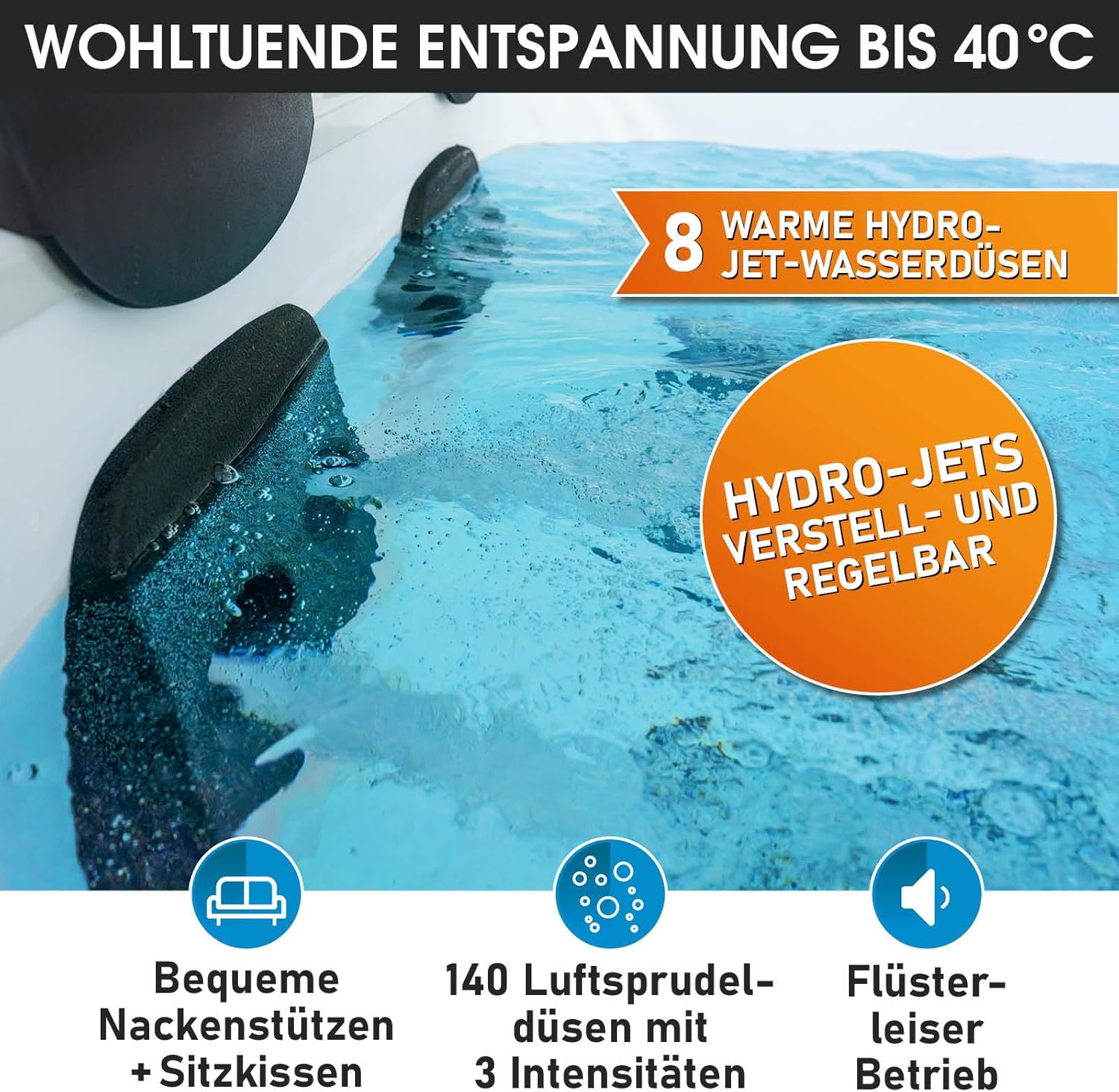 BRAST® Whirlpool MSpa Oslo Plus XXL with Fixed Outer Wall LED Lighting 20 Adjustable Colours for 6 People 180 x 180 x 65 cm