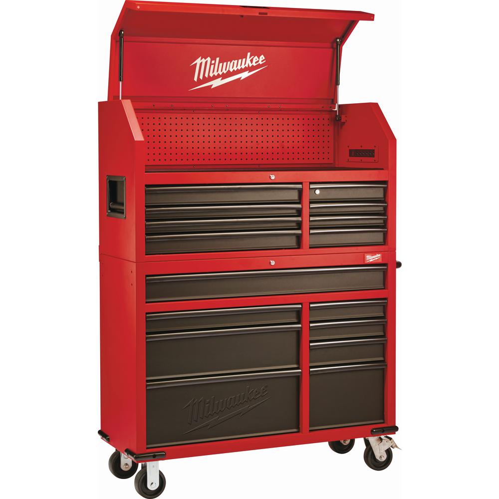 46 In. 16-Drawer Steel Tool Chest And Rolling Cabinet Set, Textured Red And Black Matte