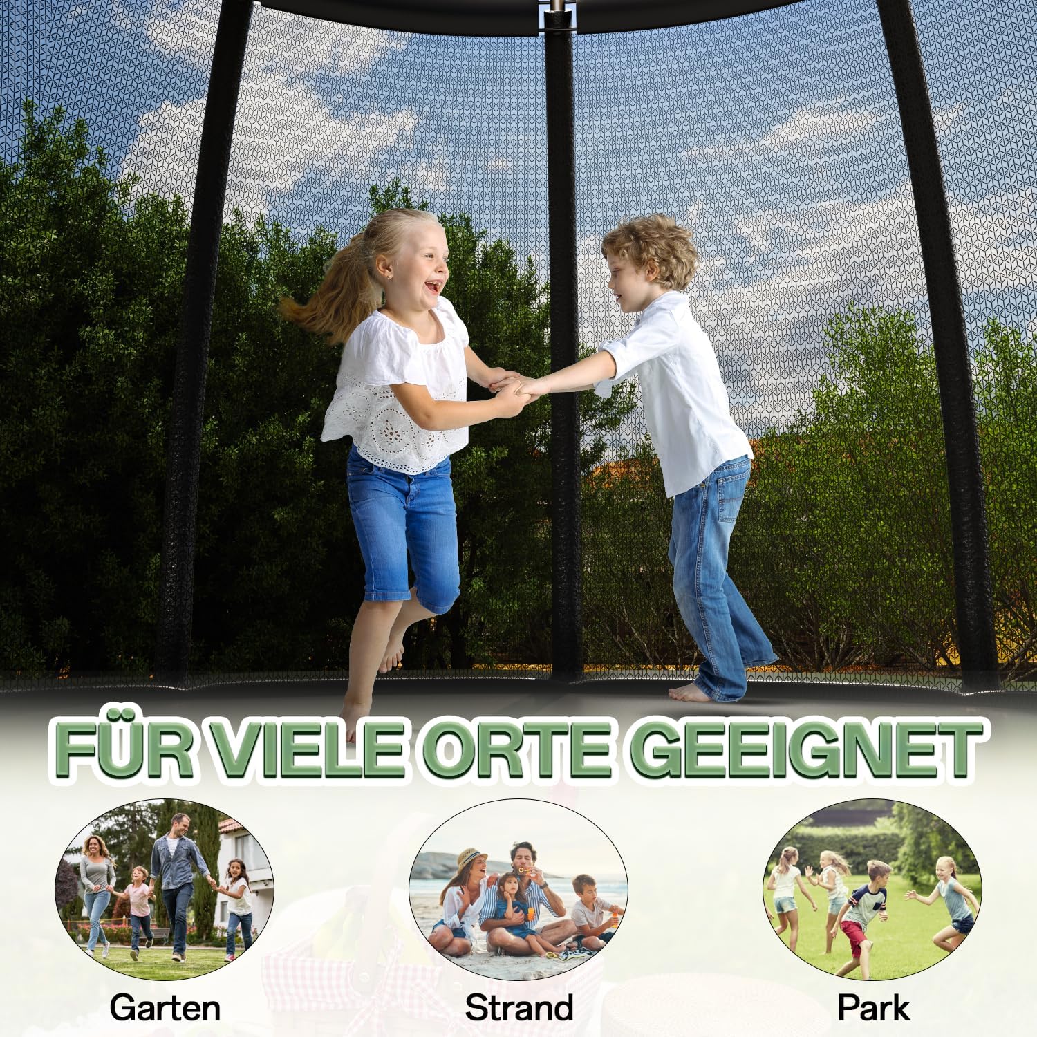 Flamaker Trampolin Outdoor Kinder, Gartentrampolin Ø 427cm mit Netz, Bodenanker, Stabile Rahmenkonstruktion, Wetterfest und rostfrei, Outdoor Trampolin für Kinder & Erwachsene Belastbarkeit 160kg