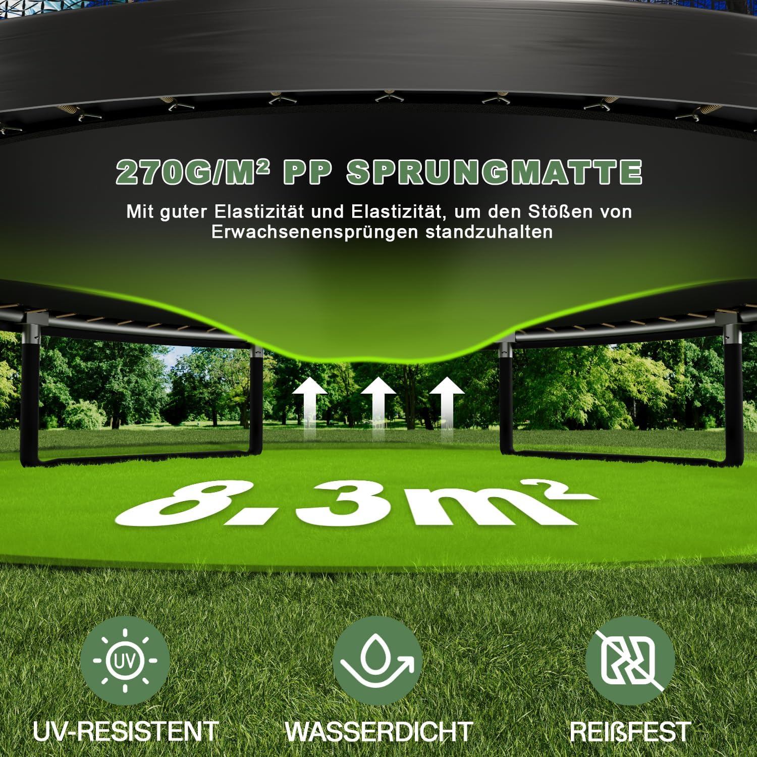 Flamaker Trampolin Outdoor Kinder, Gartentrampolin Ø 366/427cm mit Netz, Bodenanker, Stabile Rahmenkonstruktion, Wetterfest und rostfrei, Outdoor Trampolin für Kinder & Erwachsene Belastbarkeit 160kg