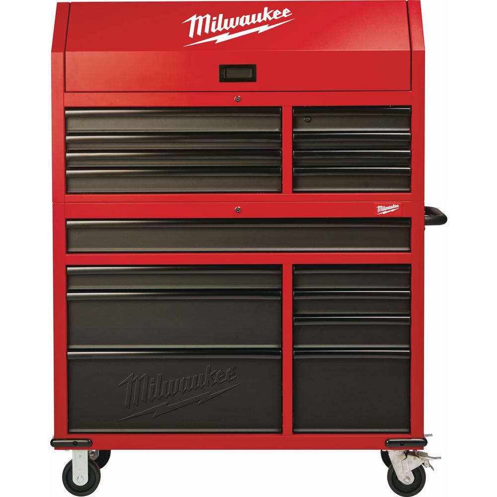 46 In. 16-Drawer Steel Tool Chest And Rolling Cabinet Set, Textured Red And Black Matte