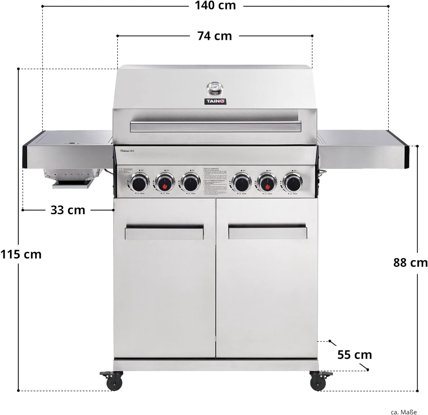TAINO Platinum 3+1 or 4+2 Gas Barbecue Rotating Spit Complete Stainless Steel New Premium Series 2019 BBQ Grill Trolley 3 Burner Side Cooker Piezo Ignition