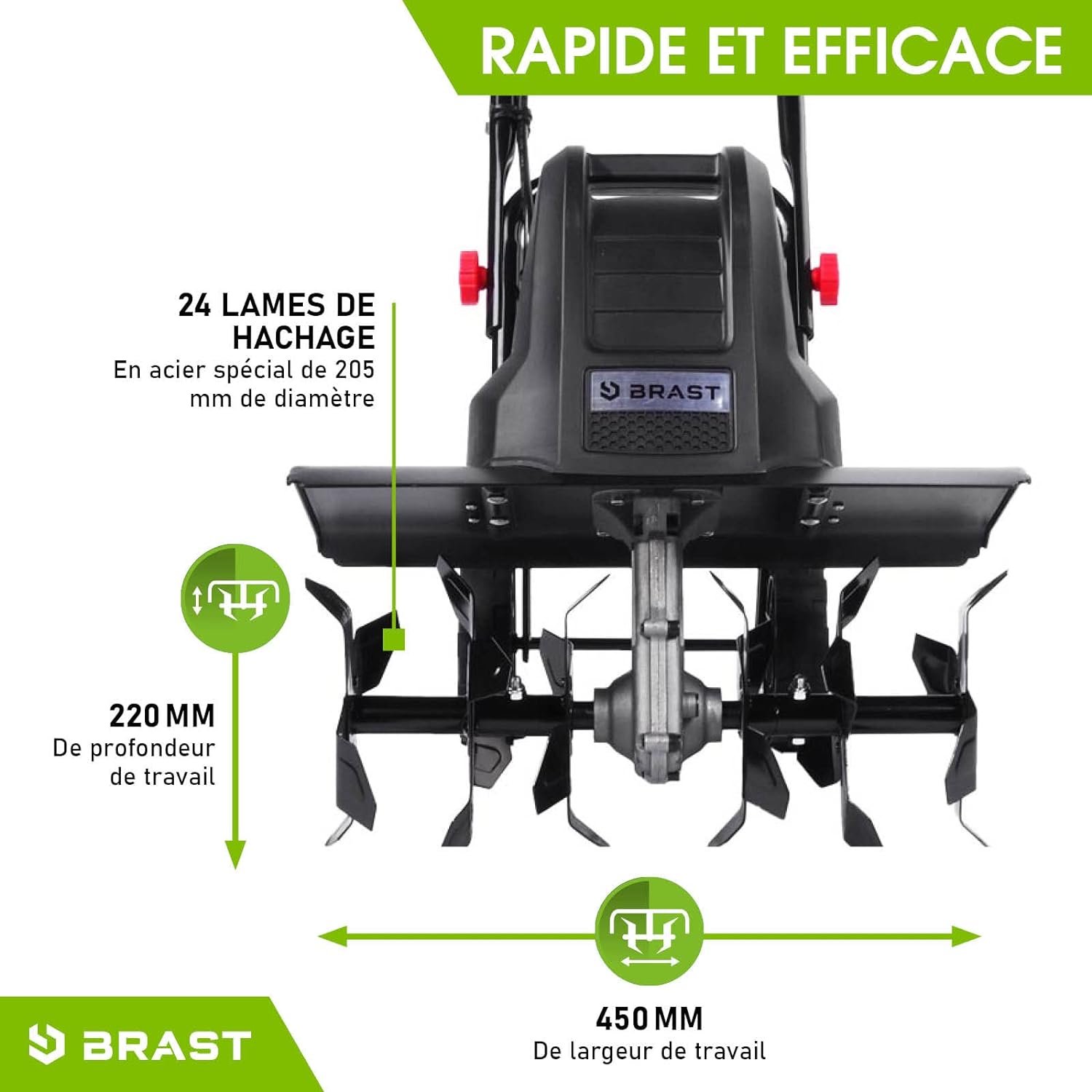 BRAST electric tiller: 1500 Watt - 45 cm Width, 22 cm Working Depth - 6 Cutters - 24 Blades -3 Mod Diff. power - very safe - 400 TRS/Min - electric tiller, Wired