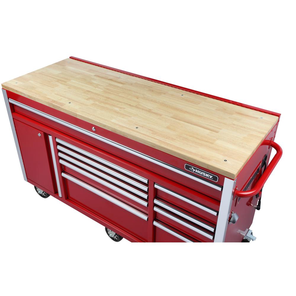 Heavy-Duty 61 In. W 10-Drawer, Deep 1-Door Tool Chest Mobile Workbench In Gloss Red With Flip-Up Pegboard