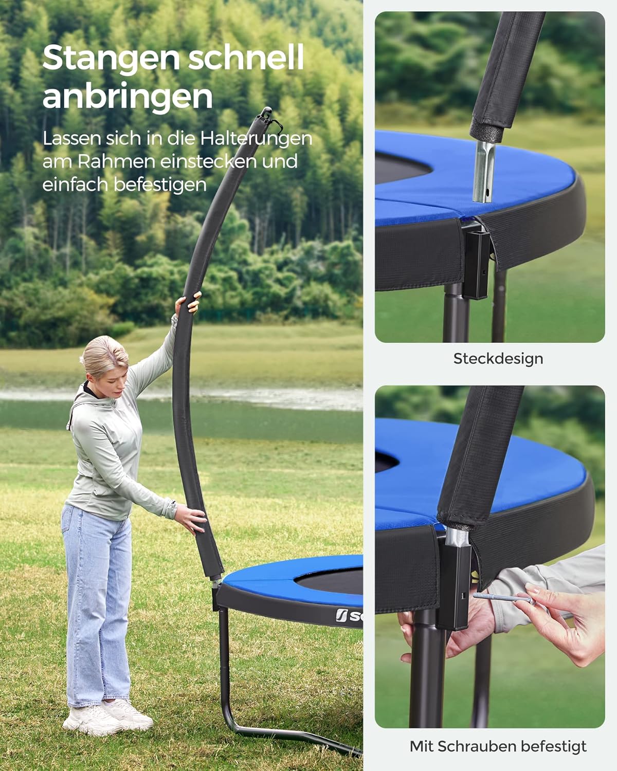 SONGMICS Trampolin Outdoor Ø 244 cm, rundes Gartentrampolin für Kinder mit Sicherheitsnetz, Randabdeckung, Leiter und gepolsterten Stangen