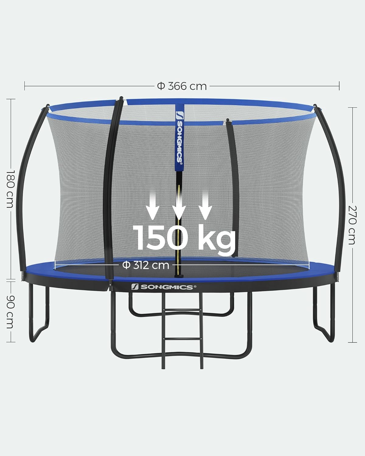 SONGMICS Trampolin Outdoor Ø 366 cm, rundes Gartentrampolin für Kinder mit Sicherheitsnetz, Randabdeckung, Leiter und gepolsterten Stangen
