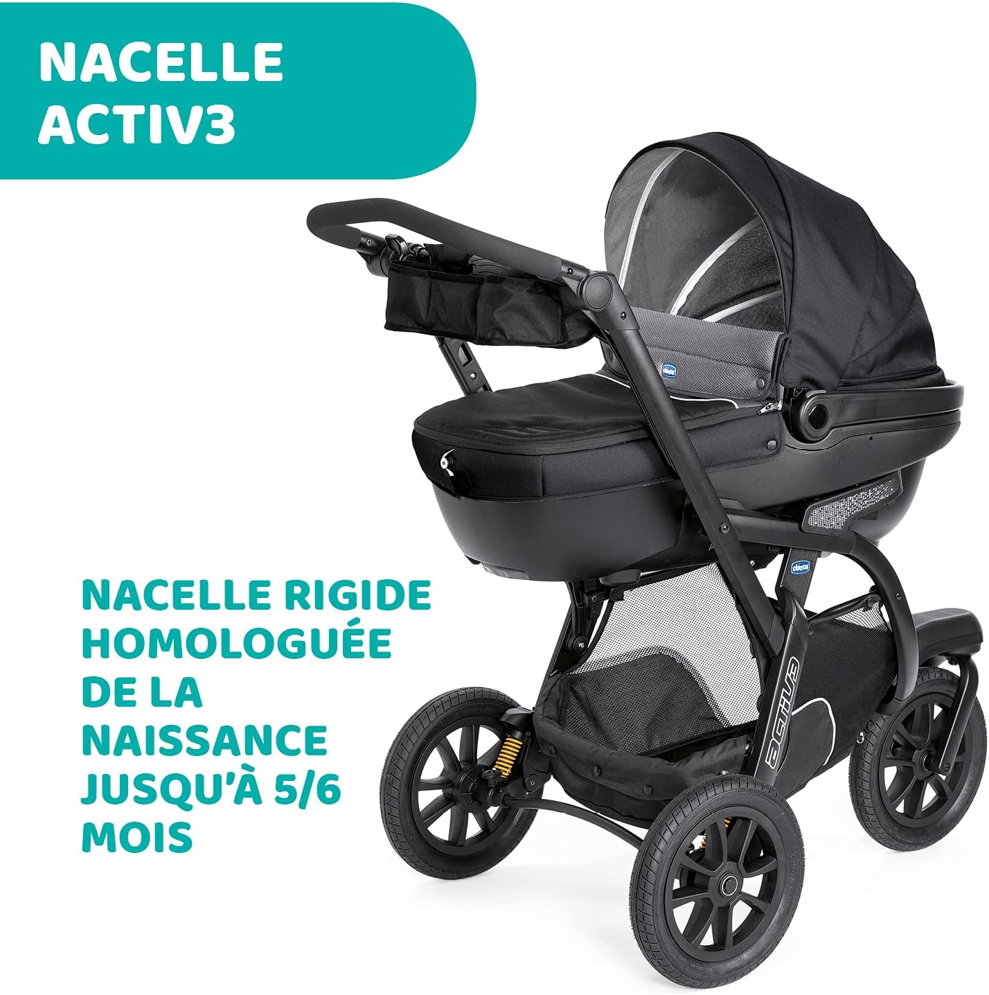 Chicco Trio Activ3 3 in 1 Stroller with Car Travel Set, 3-Wheel Reclining Cane, Pram/Carrycot and Baby Car Seat Group 0+, with Folding and Compact Closure - Black