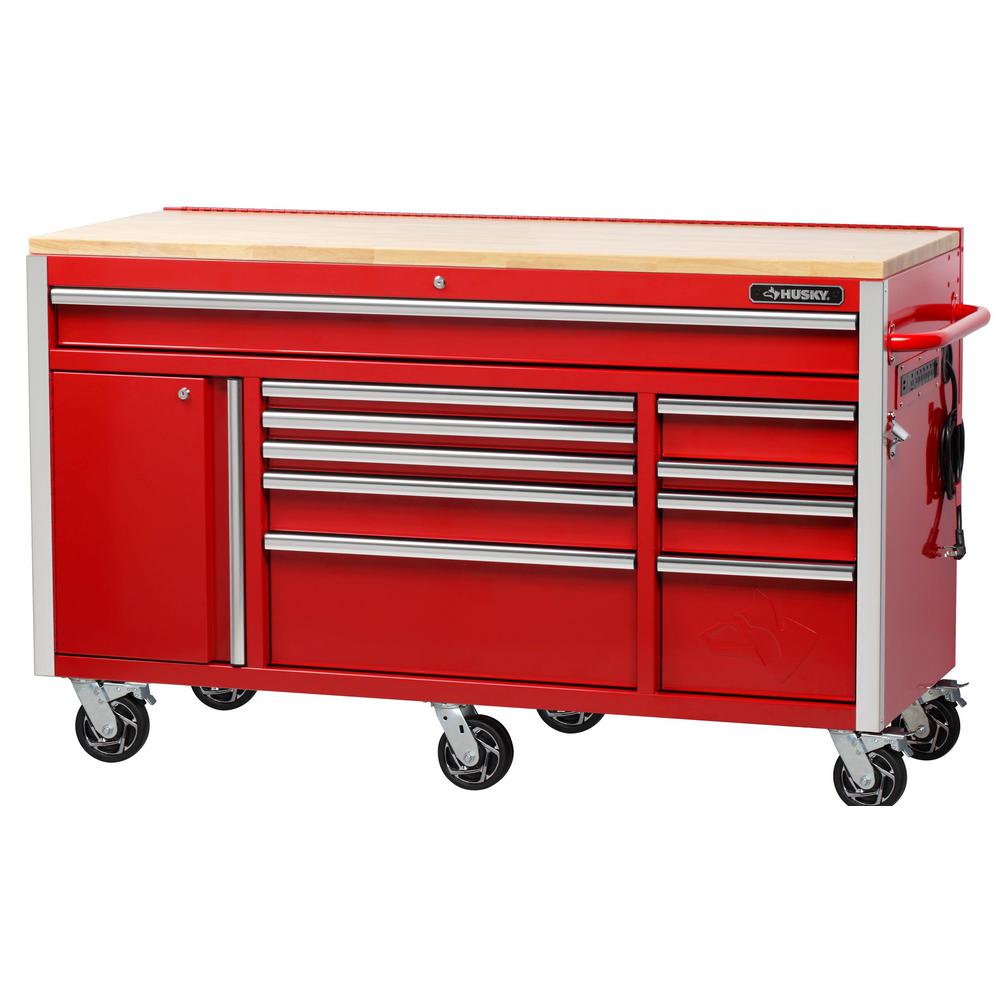 Heavy-Duty 61 In. W 10-Drawer, Deep 1-Door Tool Chest Mobile Workbench In Gloss Red With Flip-Up Pegboard