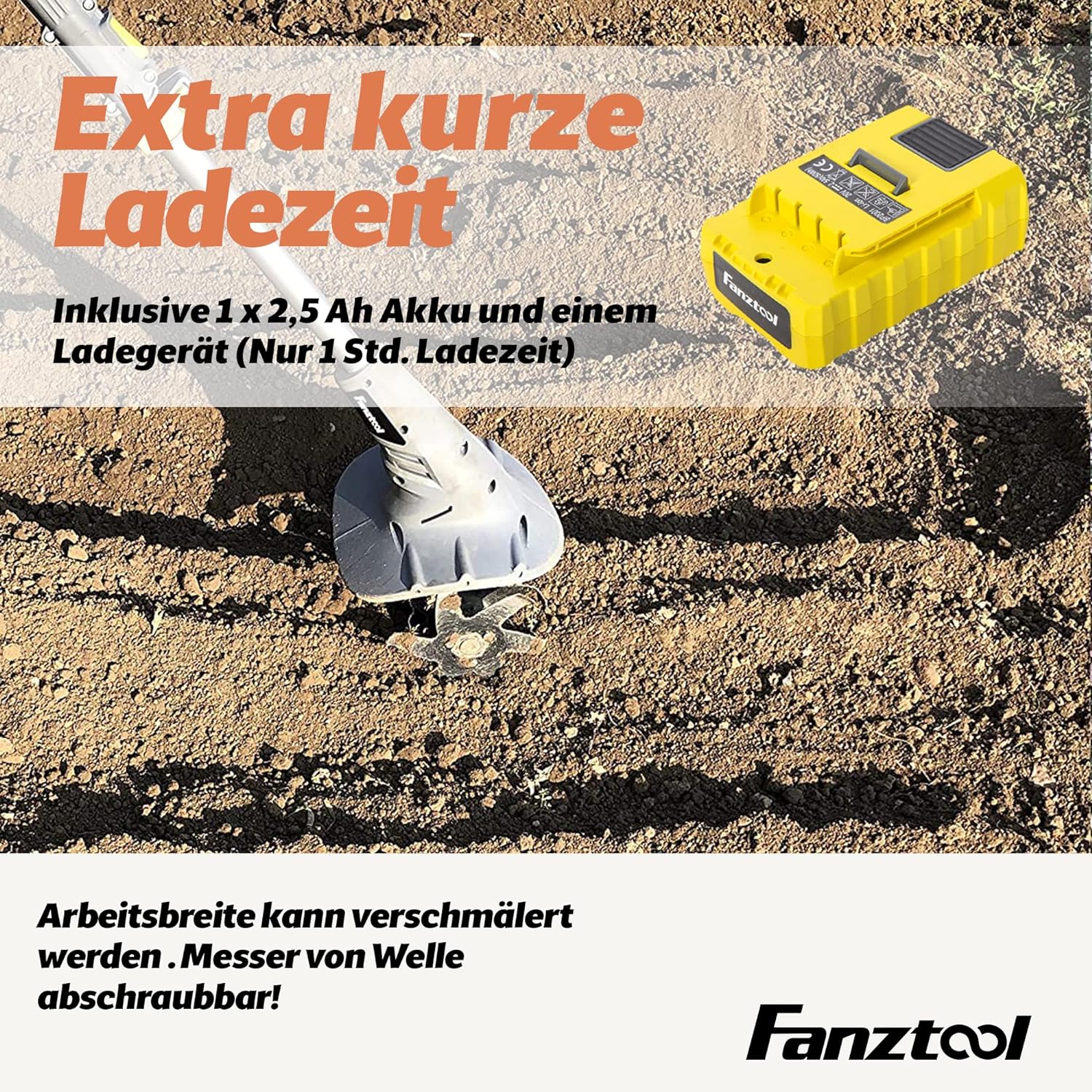 FANZTOOL 20 V Motor Hoe, Mini Tiller, Garden Hoe, Cultivator, 20 cm Working Width and Powerful 2.5 Ah Li-ion