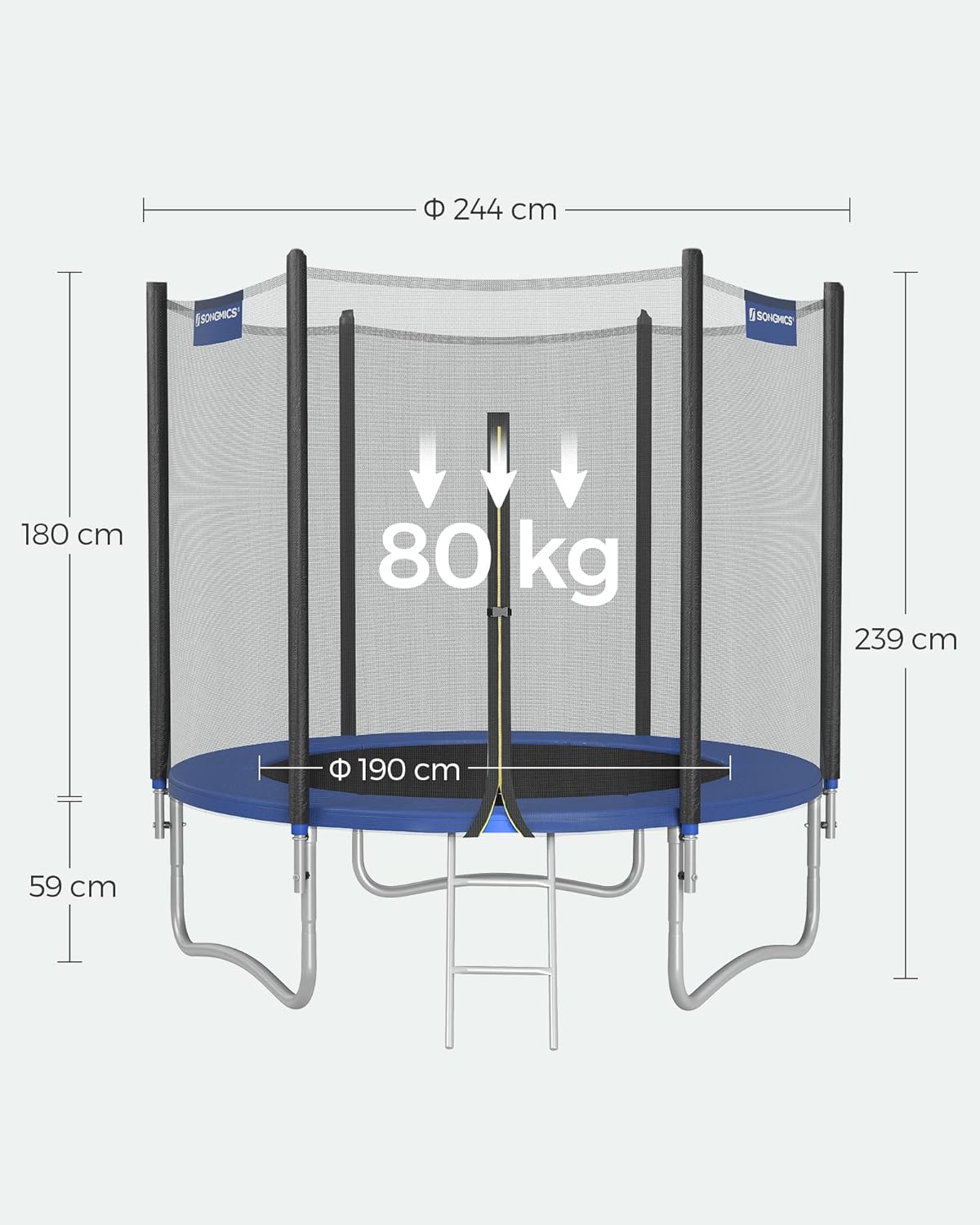 SONGMICS Trampolin Outdoor Ø 244cm, rundes Gartentrampolin mit Randabdeckung, mit Sicherheitsnetz, mit Leiter und gepolsterten Stangen