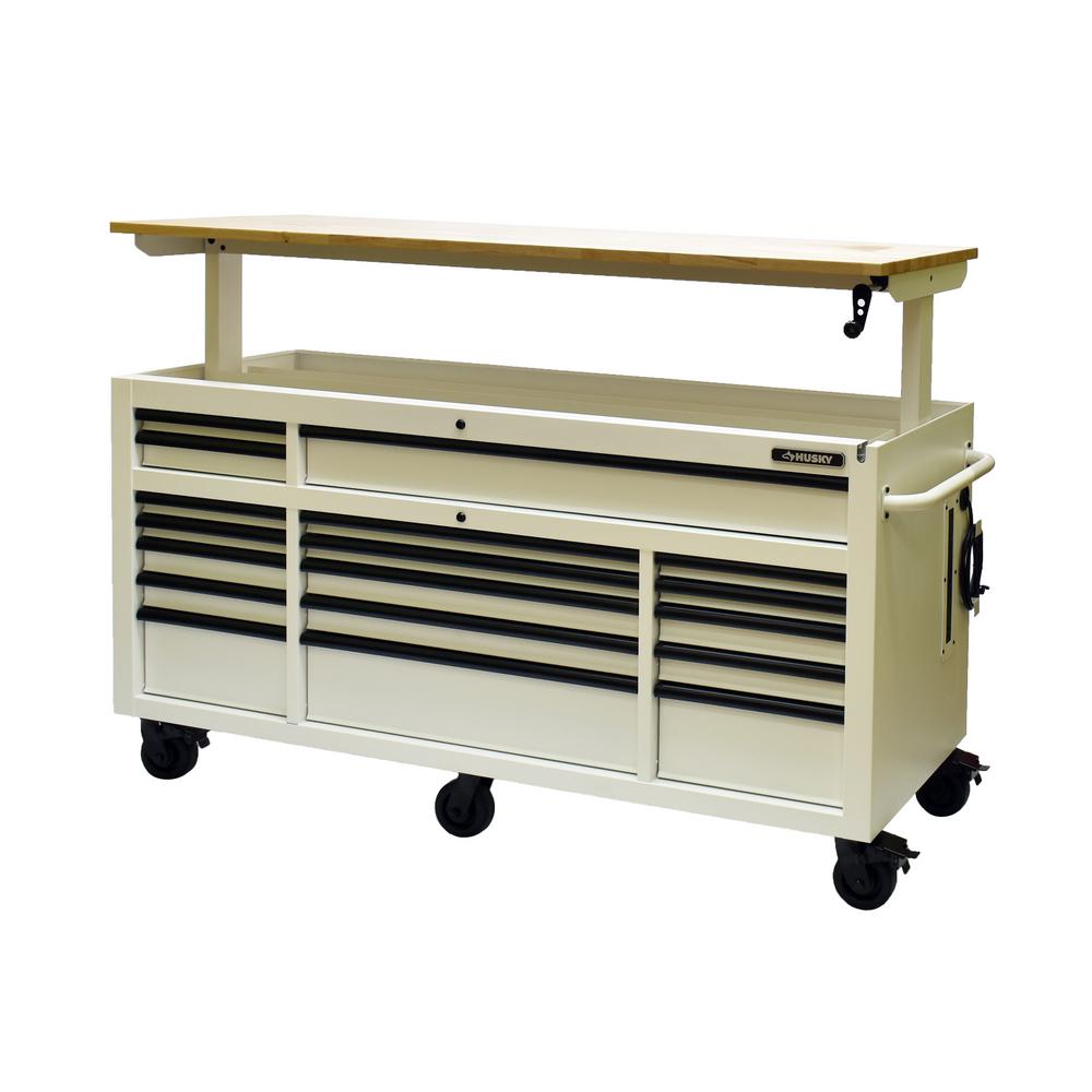 72 In. 18-Drawer Mobile Workbench With Adjustable-Height Solid Wood Top In Matte White