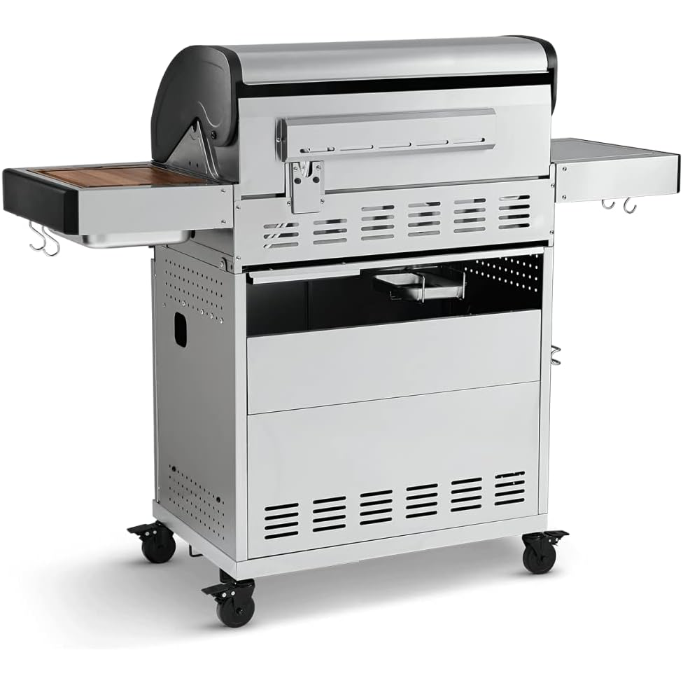 BURNHARD Big Fred Deluxe 4-Burner Gas Barbecue with Backburner, 900 °C Infrared Ceramic Burner, Side Hob, Cast Iron Cooking Grate, Grill Cover, Stainless Steel Grill Trolley + Folding Side Tables