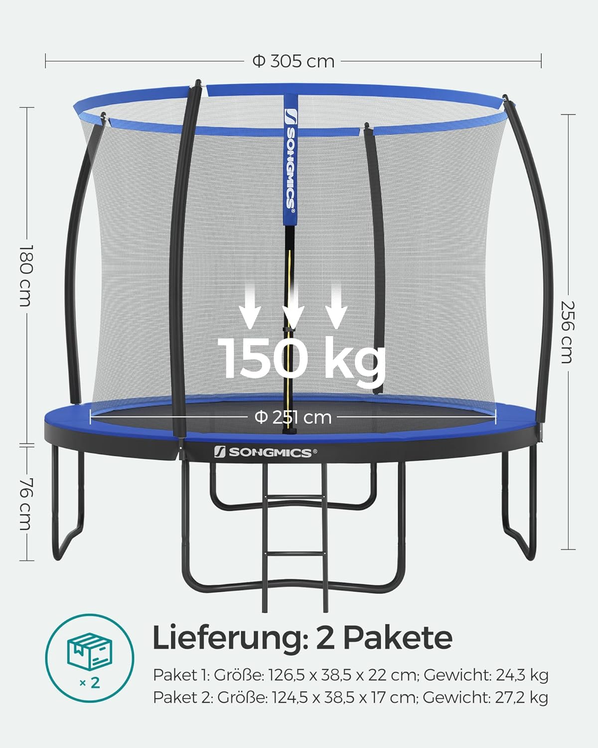 SONGMICS Trampolin Outdoor Ø 305 cm, rundes Gartentrampolin für Kinder mit Sicherheitsnetz, Randabdeckung, Leiter und gepolsterten Stangen