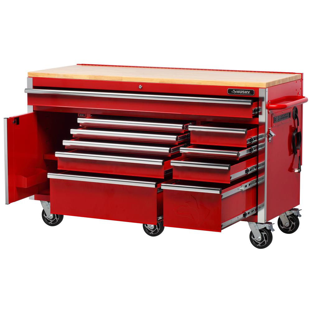 Heavy-Duty 61 In. W 10-Drawer, Deep 1-Door Tool Chest Mobile Workbench In Gloss Red With Flip-Up Pegboard