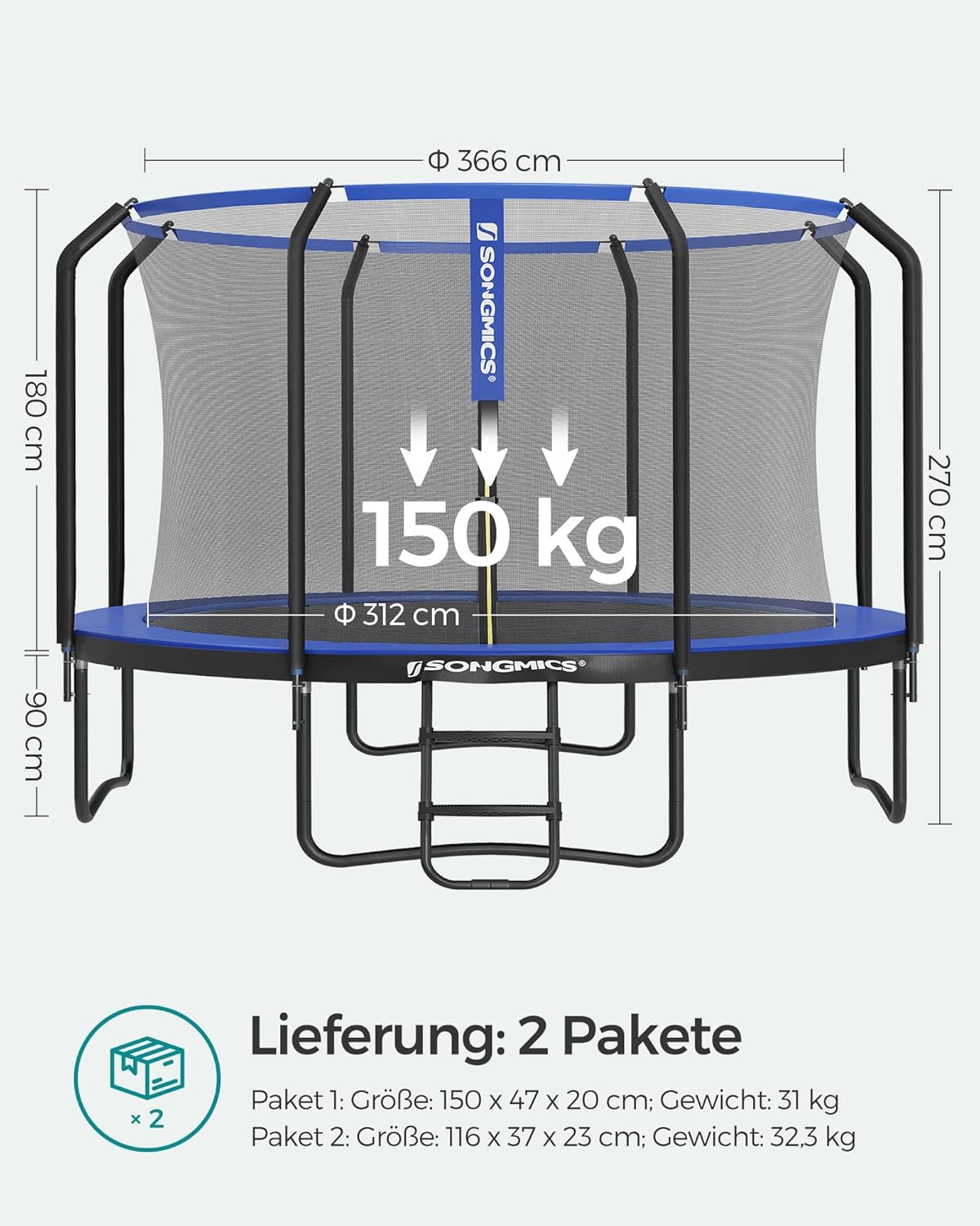 SONGMICS Trampolin Outdoor Ø 366 cm, rundes Gartentrampolin mit Sicherheitsnetz und Leiter, Randabdeckung, gepolstertes Gestell, für Kinder
