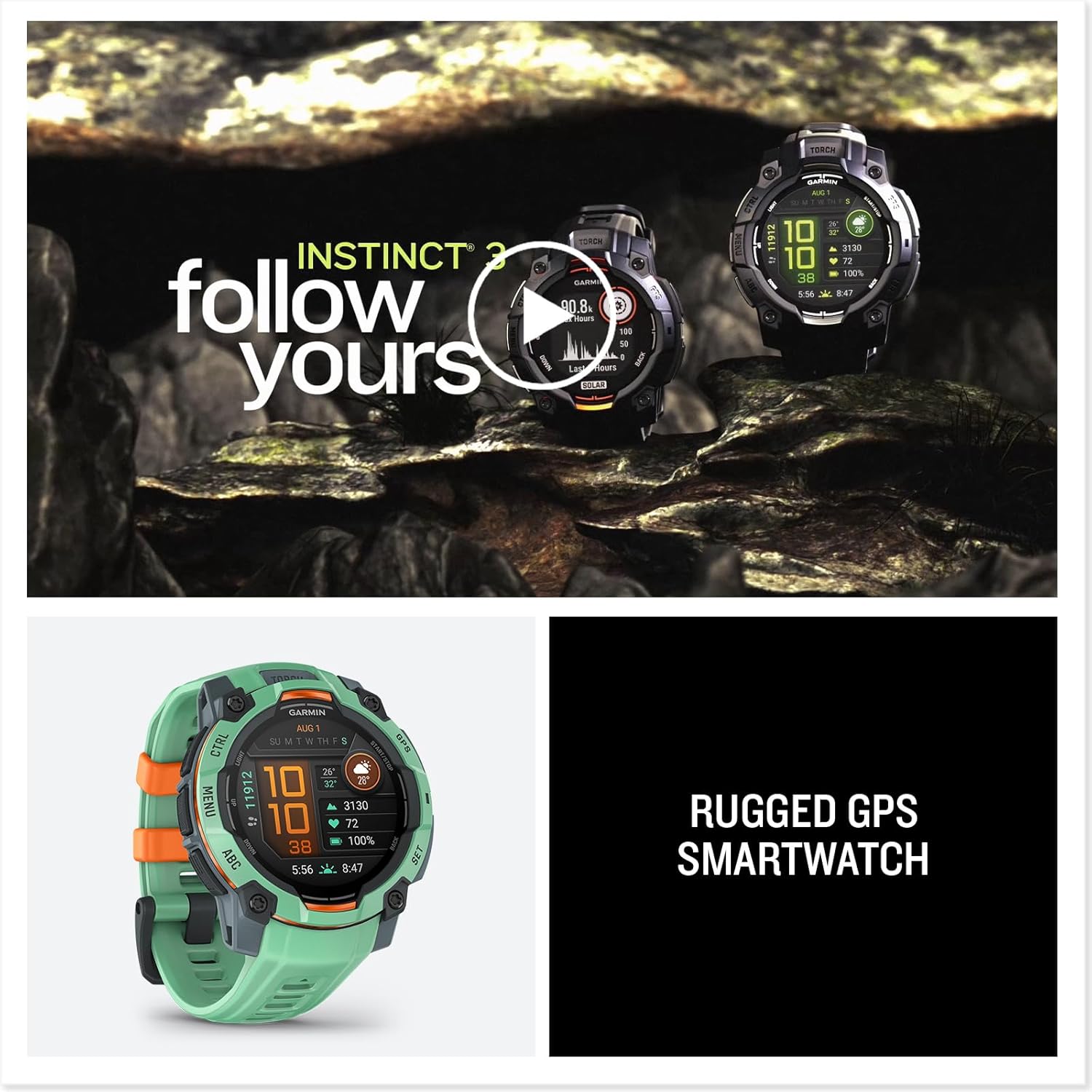 Garmin Instinct® 3 Tactical Edition, 50mm, Solar Charged Display, Rugged Outdoor GPS Smartwatch