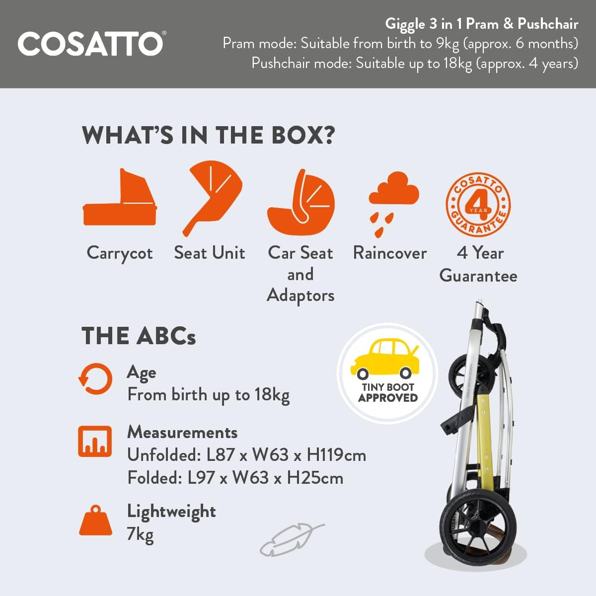 COSATTO GIGGLE 3 in 1 - A 3 in 1 Stroller with the trio - Cane Stroller, a Pram with a carrycot and an iSize baby car seat included, Lying Function and Accessories and Adapters