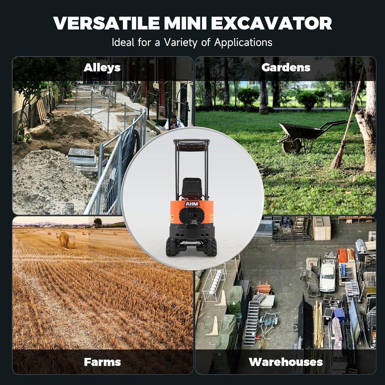 AHM Mini Excavator, 1 Ton Mini Digger with Hammer Auger Log Grapple Quick Hitch Grading Bucket & Rake Included, 13.5 hp Small Crawler Machine with Rain Canopy for Home Garden Farm Park Roadway Digging