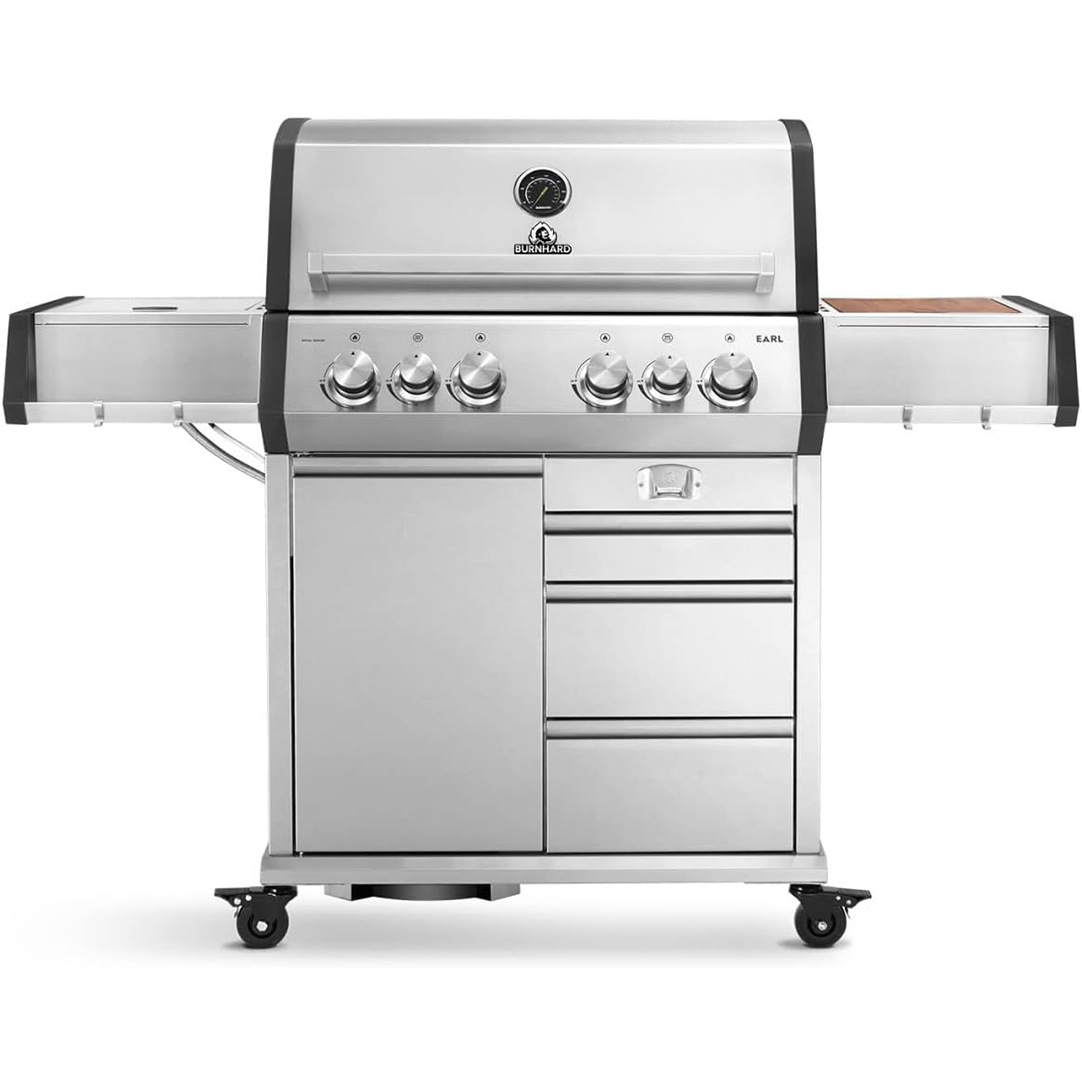 BURNHARD 4-Burner Gas Grill Earl, 23 kW Stainless Steel Grill Cart with Rear Burner, 900°C Ceramic Burner, Cast Iron Grill Grate, Drawers Includes Cover